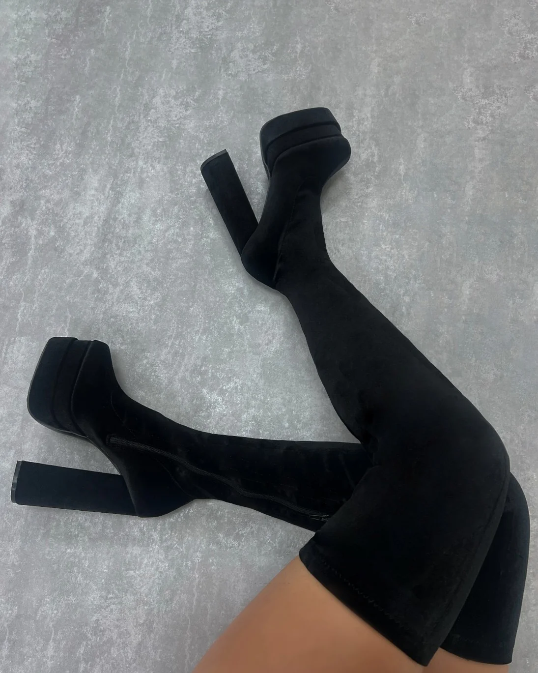 Addams Black Velvet Double Platform Thigh High Boots