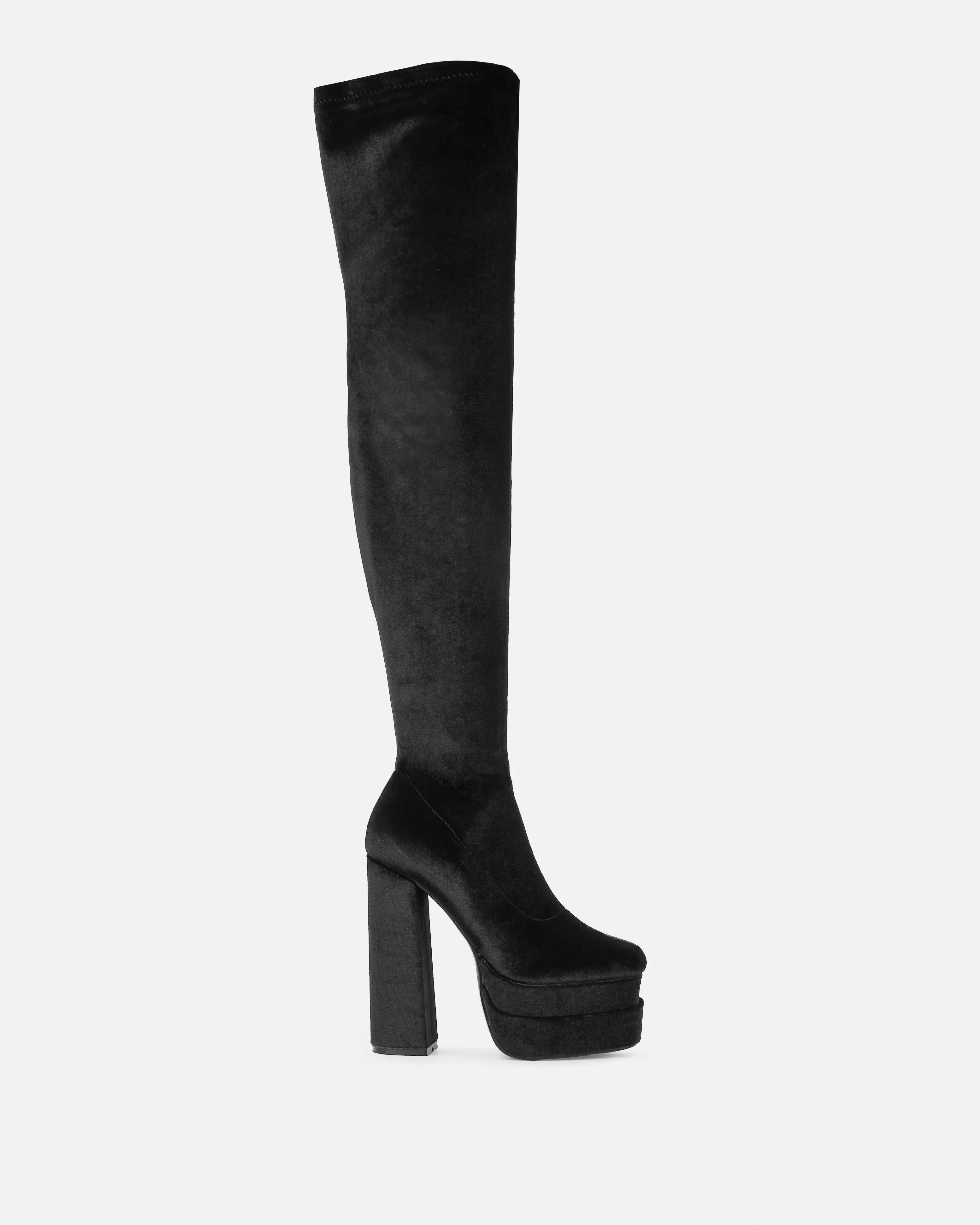 Addams Black Velvet Double Platform Thigh High Boots - Image 2