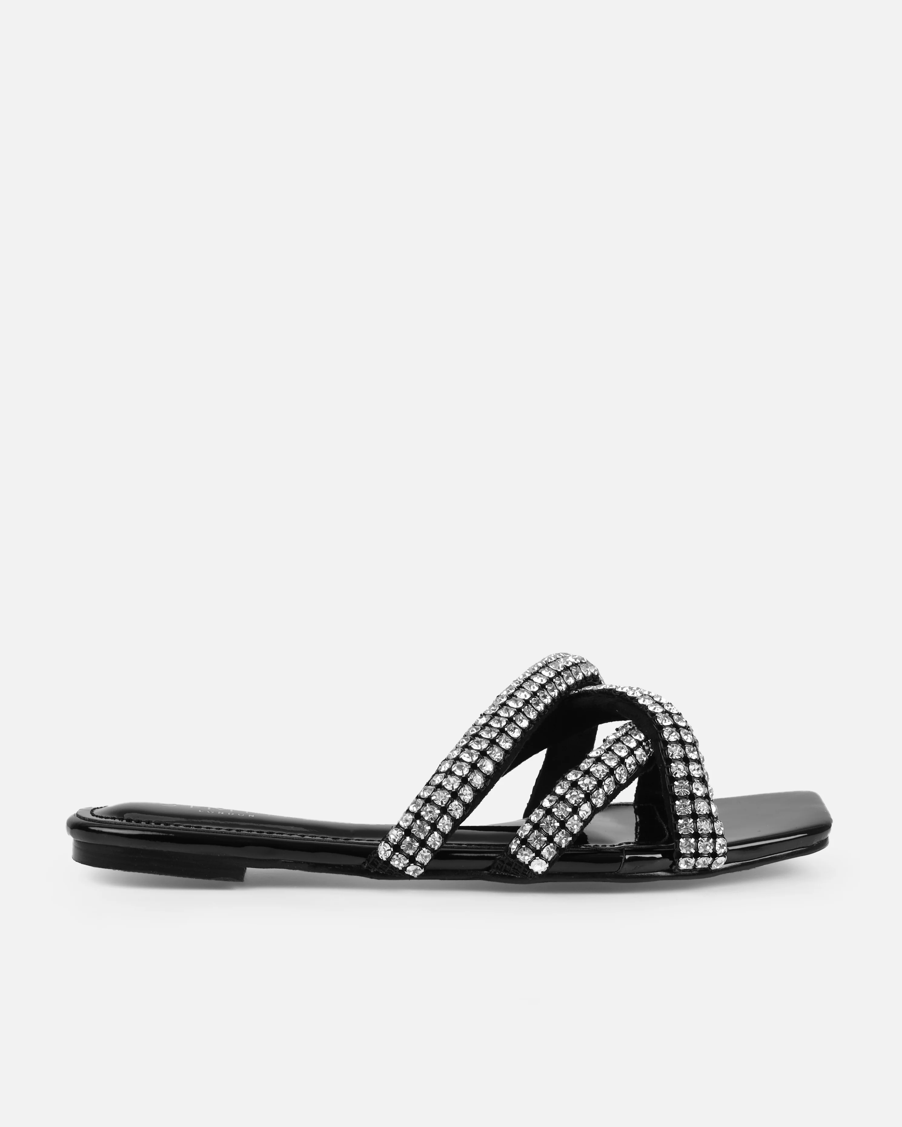 Akari Black Diamante Crossover Straps Flat Sandals - Image 2