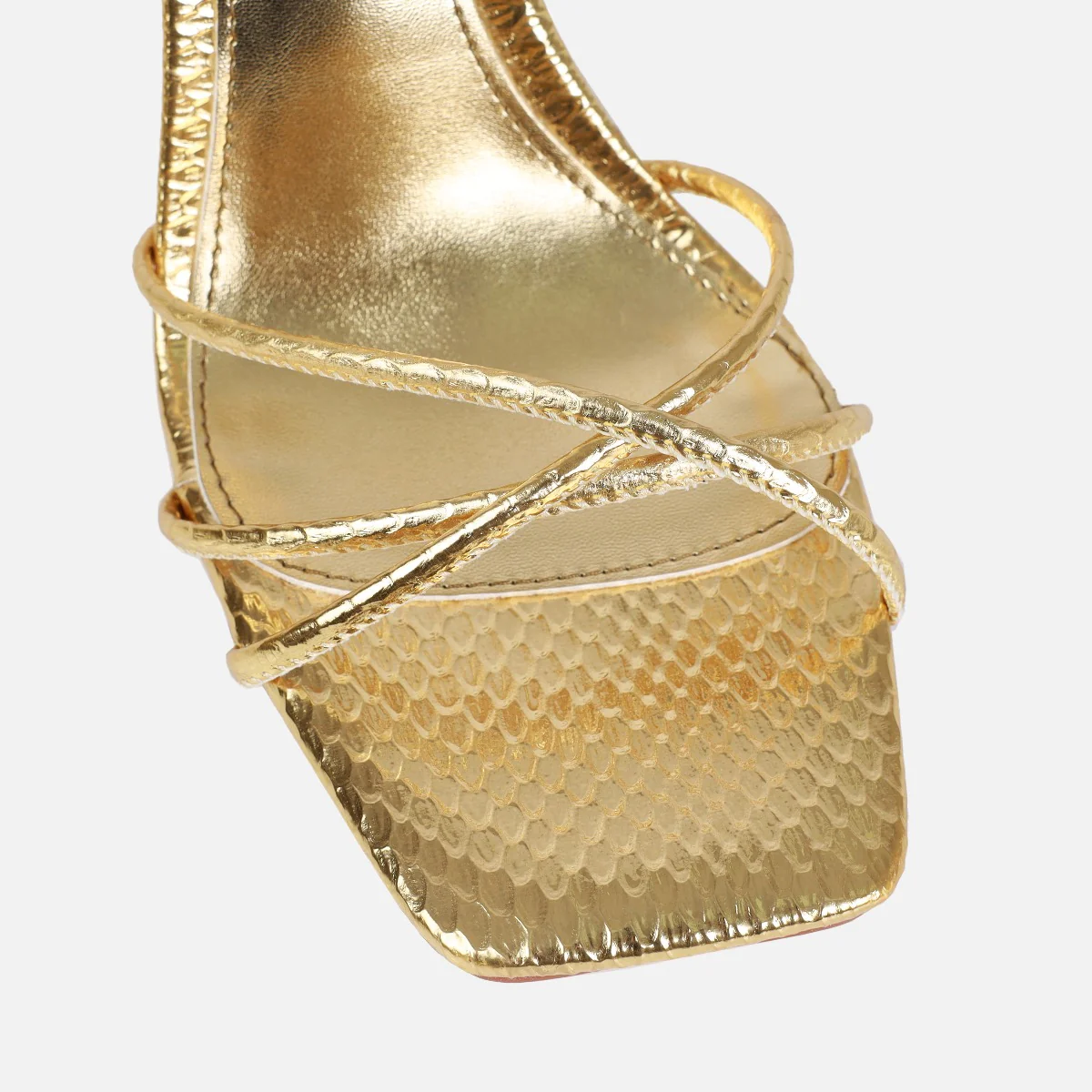 Alenah Gold Faux Snake Print Lace Up Diamante Heels - Image 3