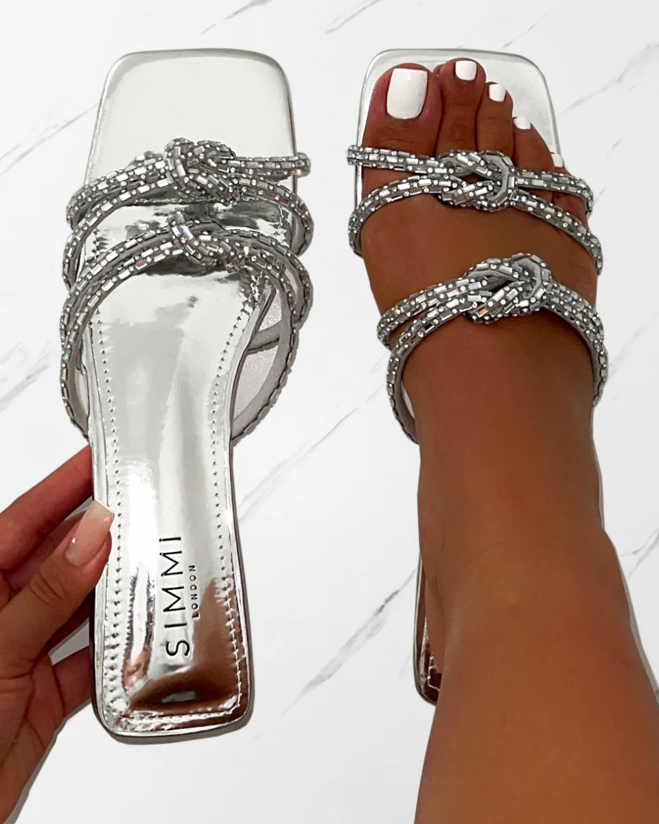 Aliano Silver Patent Diamante Flat Sandals