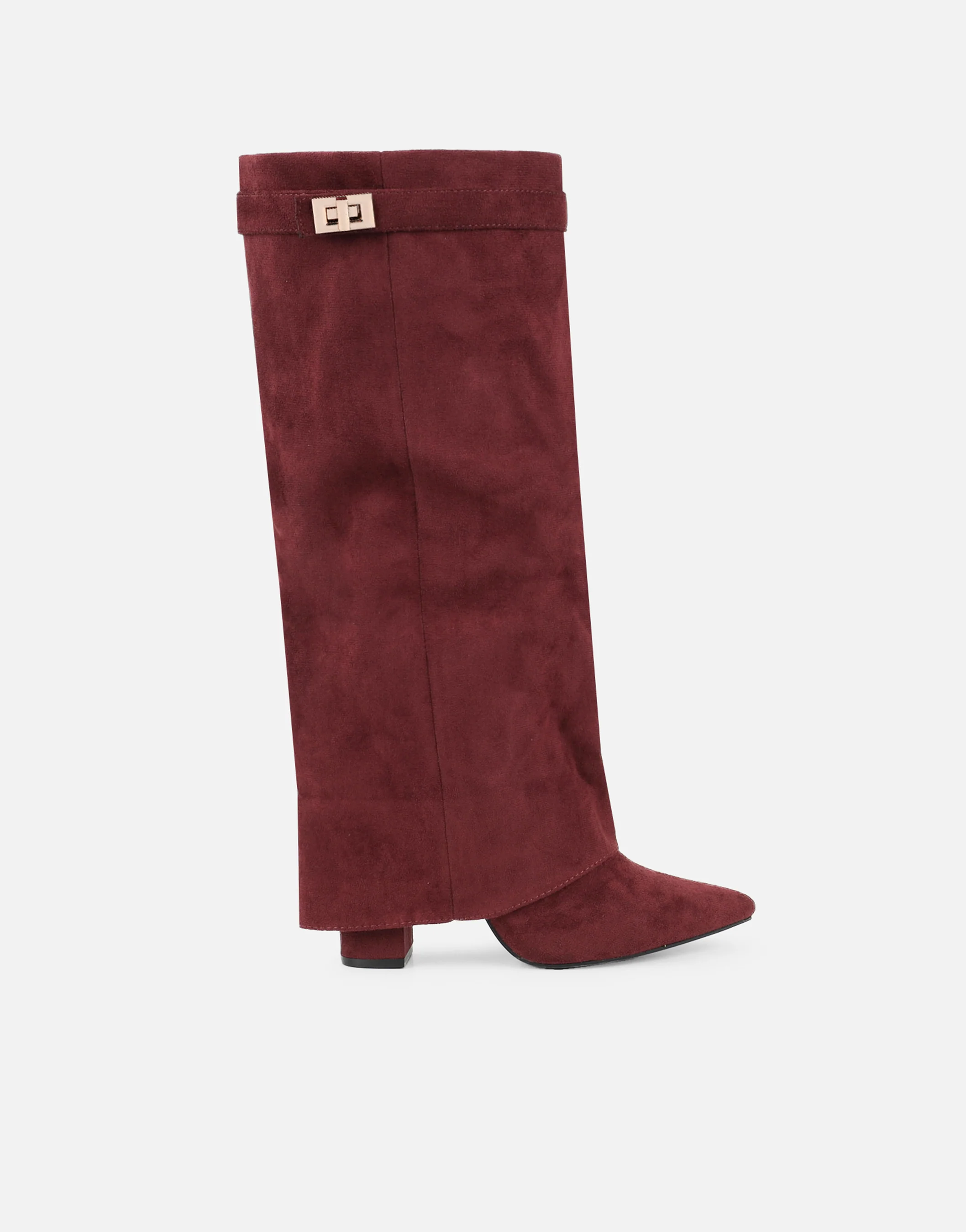Anais Burgundy Microfibre Foldover Buckle Detail Heeled Boots - Image 2