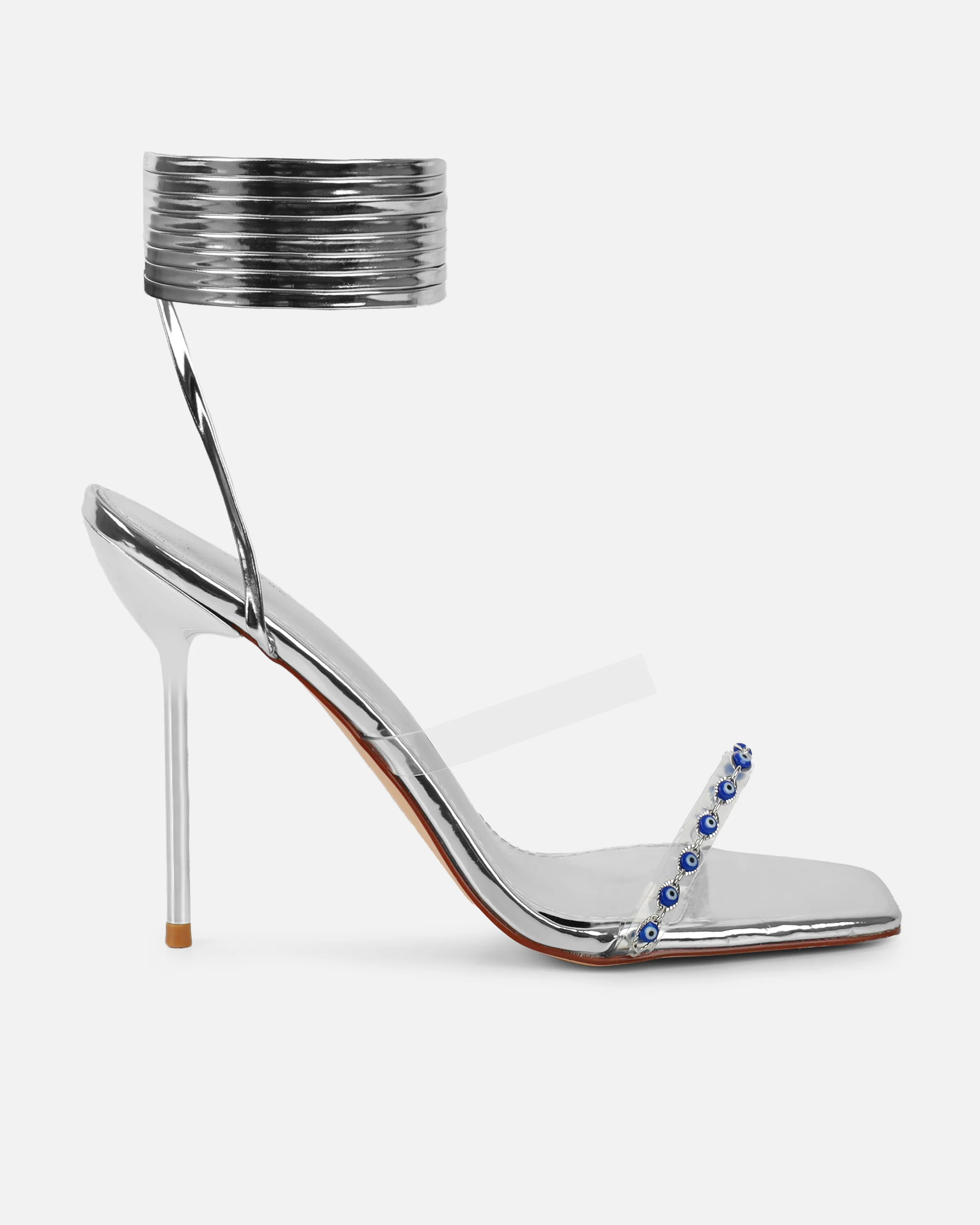 Anyah Silver Mirror Evil Eye Detail Tie Up Heels - Image 2