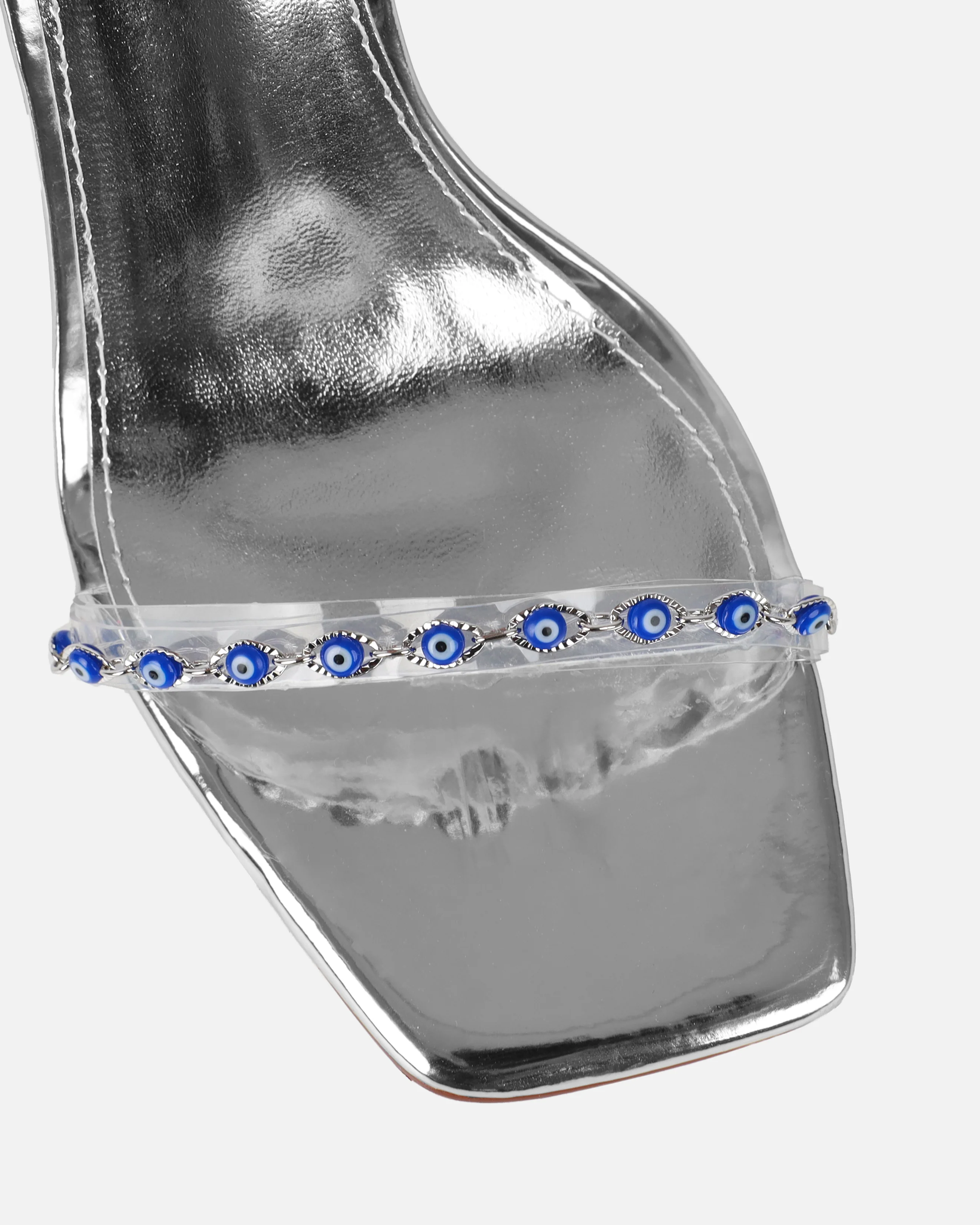 Anyah Silver Mirror Evil Eye Detail Tie Up Heels - Image 4
