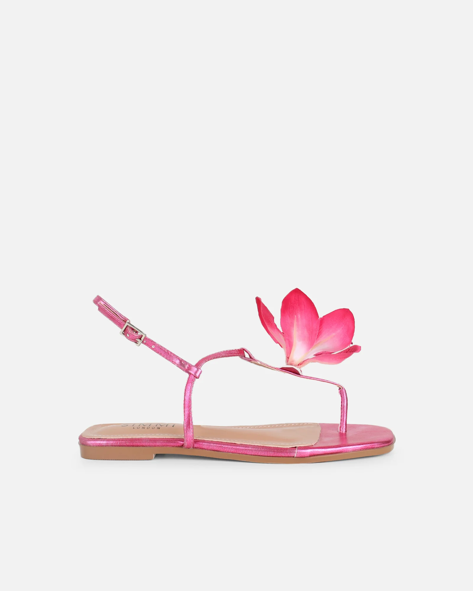 Aoife Pink Metallic Flower Detail Flat Sandals - Image 2