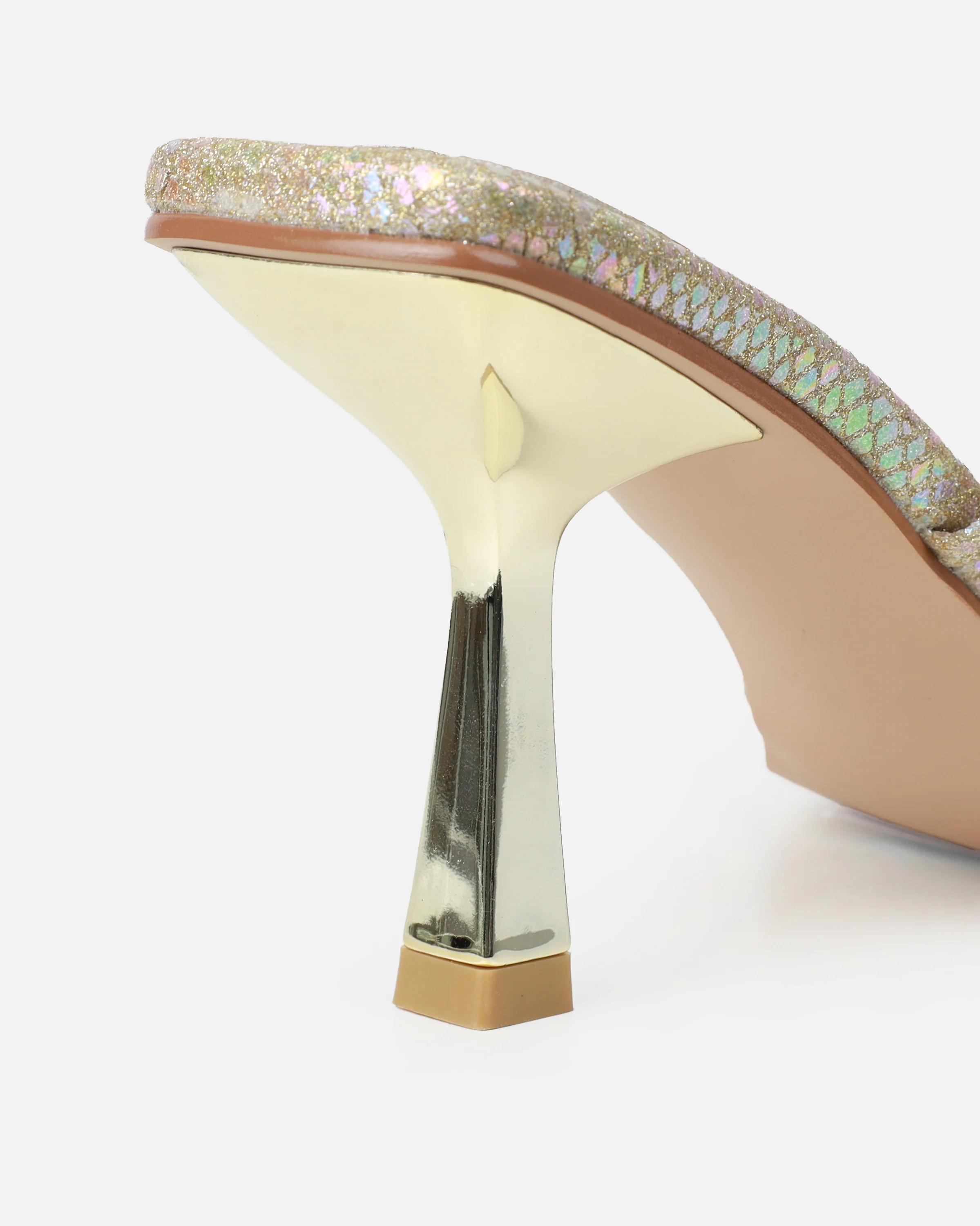 Apollo Gold Shimmer Faux Snake Strappy Mid Heel Mules - Image 3