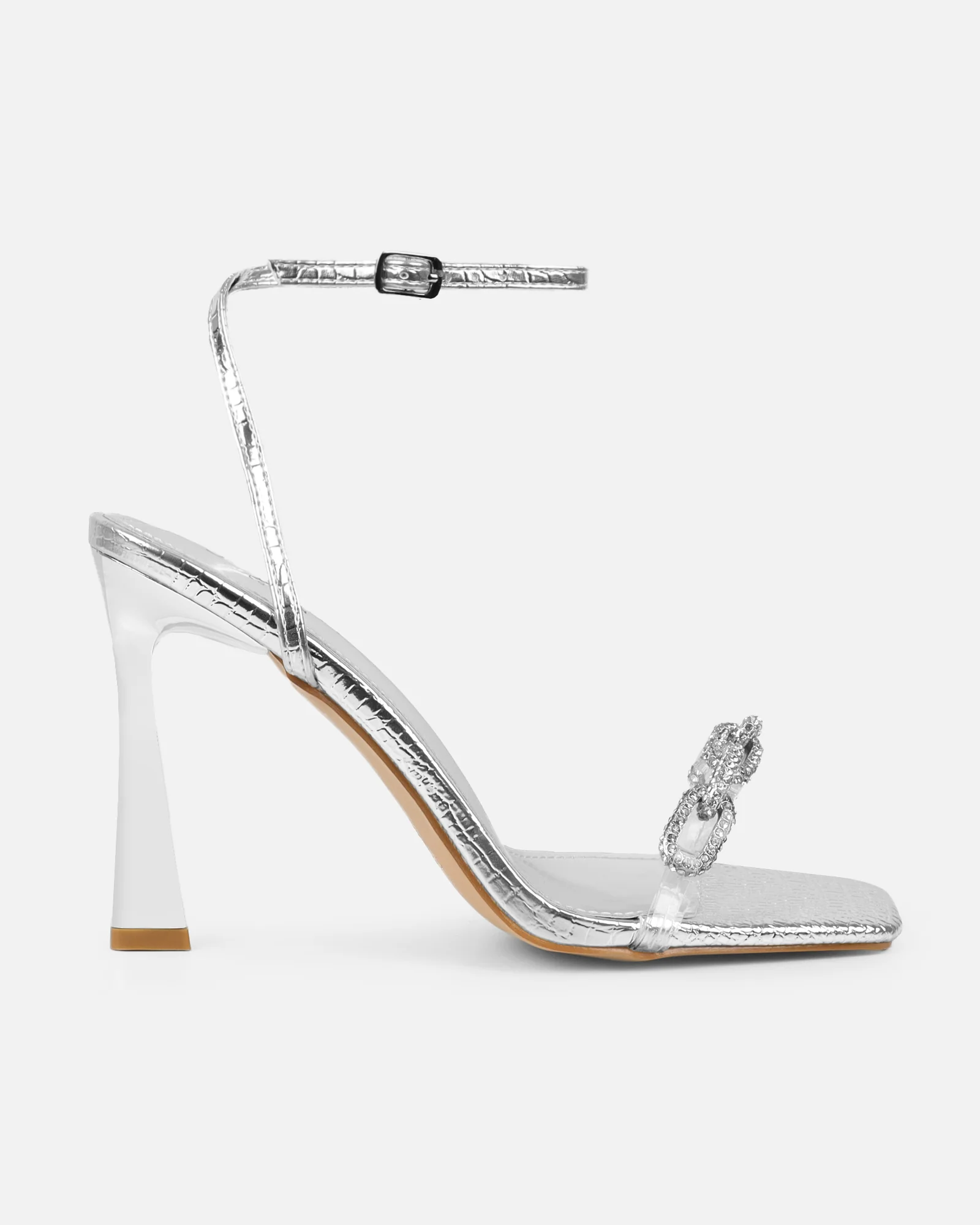 Appi Clear Silver Faux Snake Chain Detail Heeled Sandals - Image 2