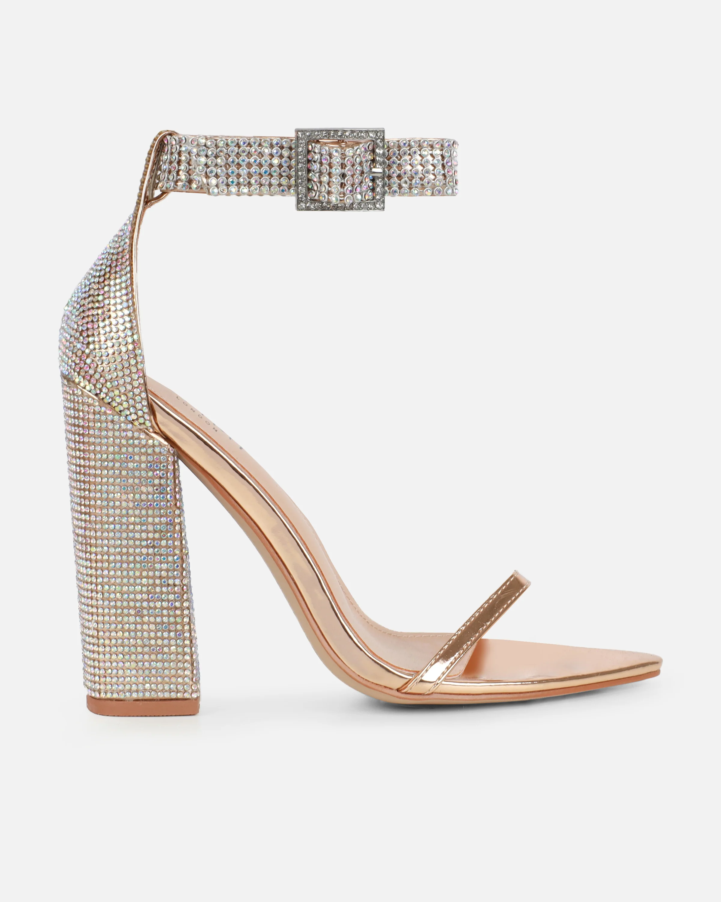 Arii Rose Gold Mirror Diamante Block Heels - Image 2