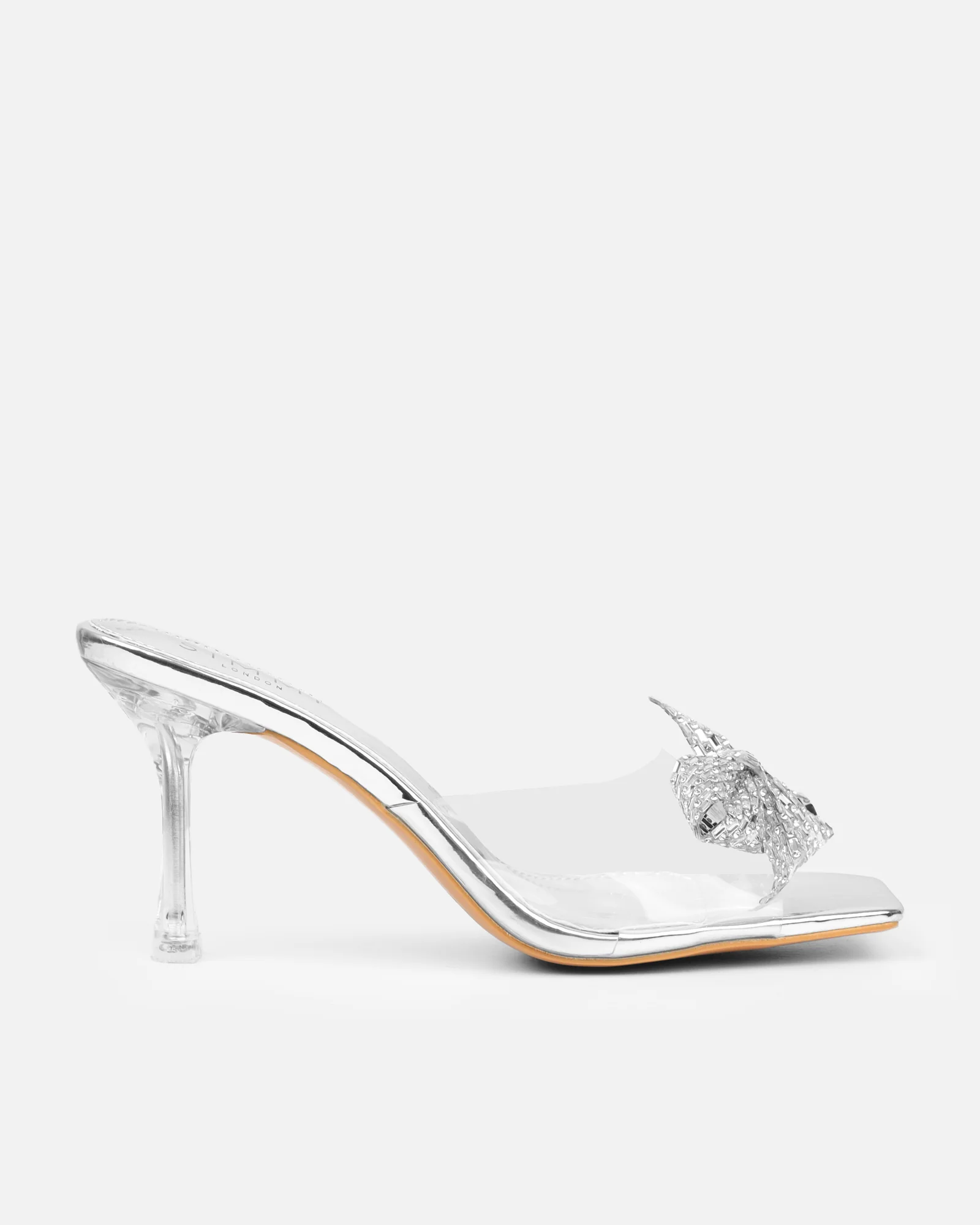 Ashleigh Clear Silver Mirror Diamante Bow Mid Heeled Sandals - Image 2