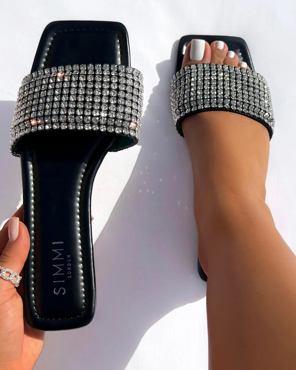 Azura Wide Fit Black Diamante Sliders