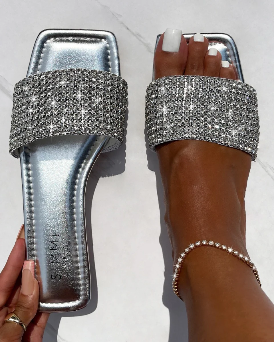 Azura Wide Fit Silver Diamante Sliders