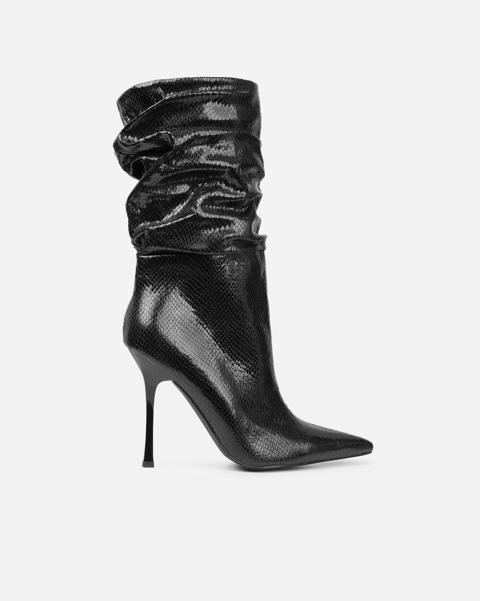 Brette Black Snake Effect Ruched Heeled Boots - Image 2