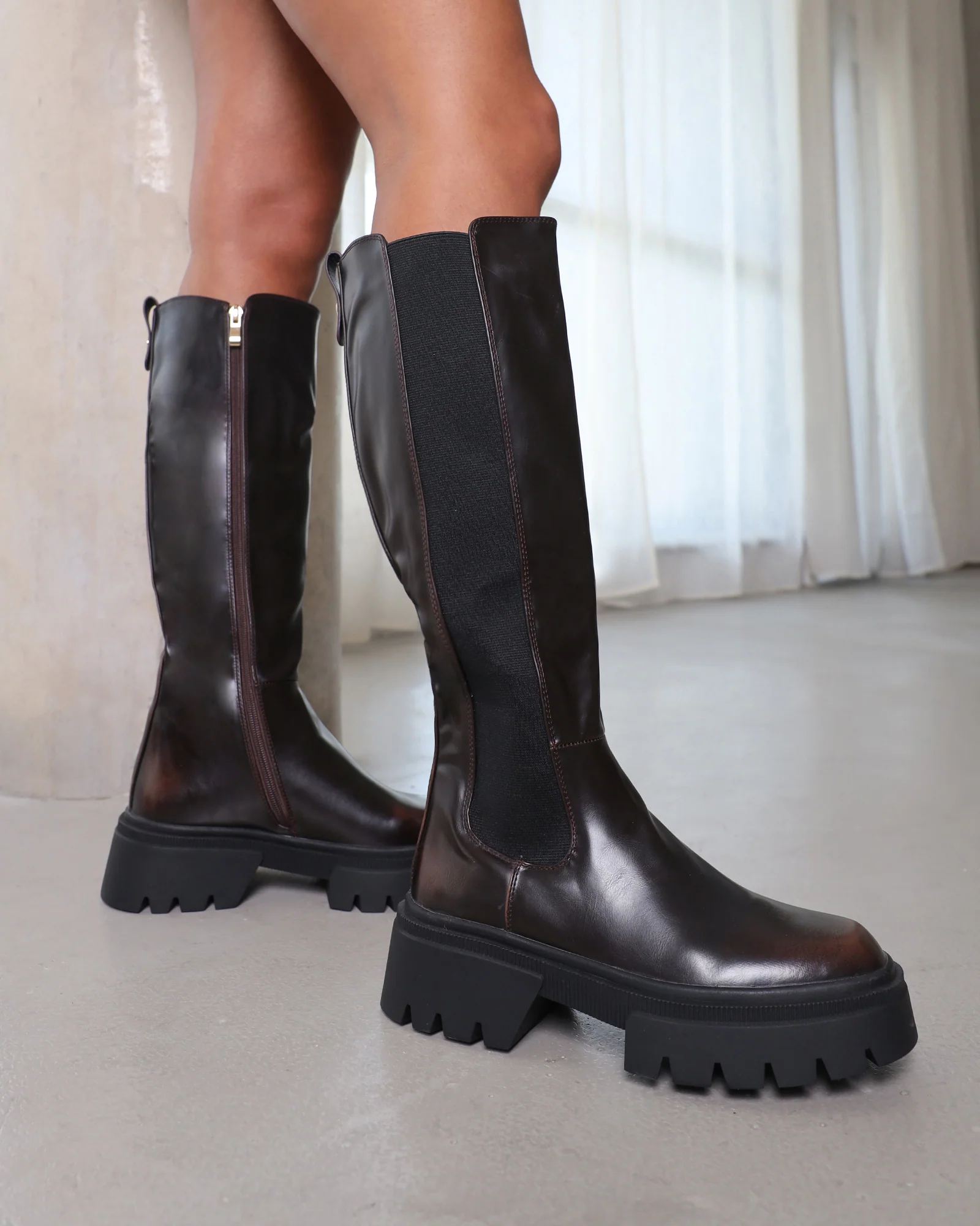 Brookes Brown Burnished Knee High Chunky Boots - Image 5