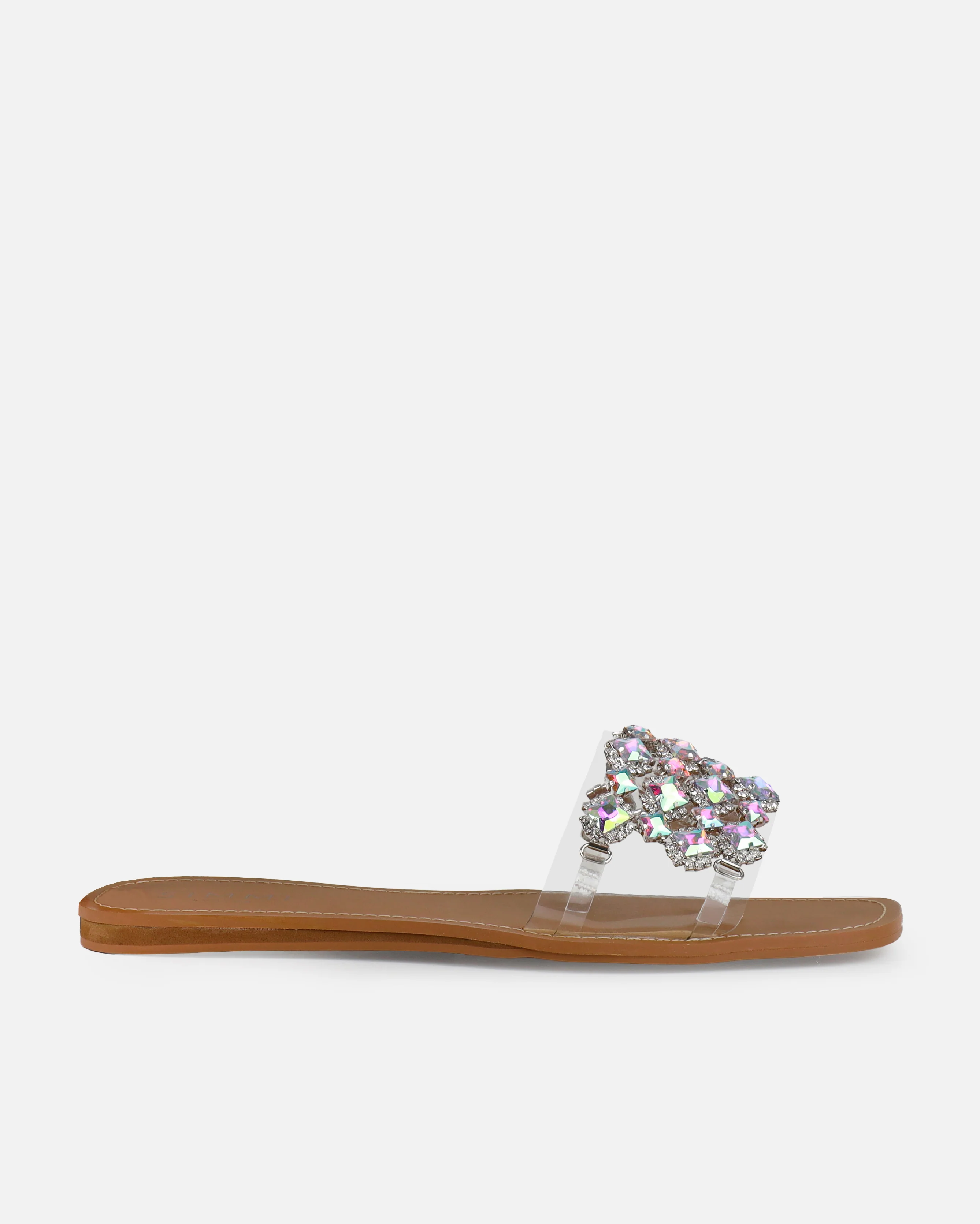 Cambria Clear Iridescent Gem Diamante Flat Sandals - Image 2