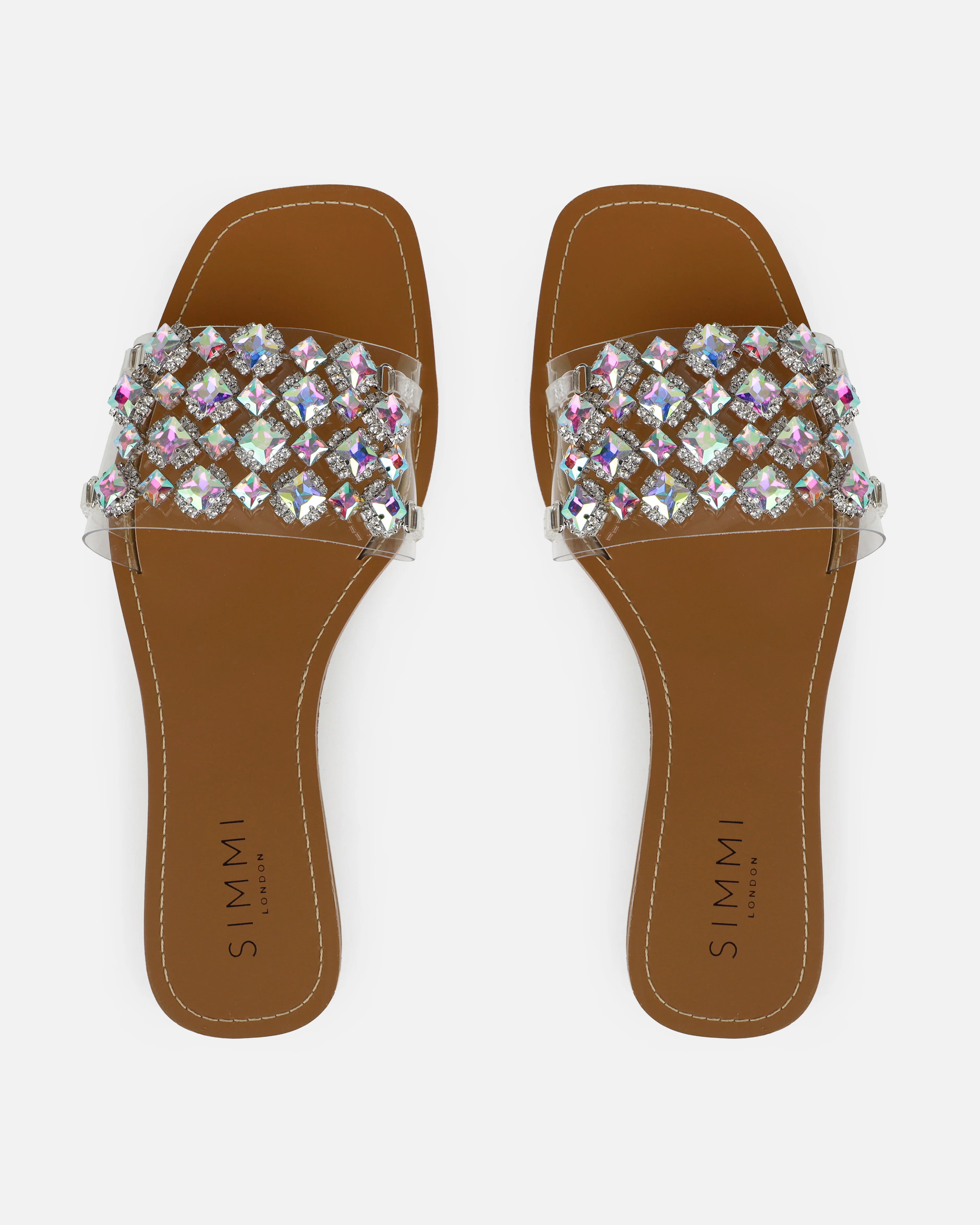 Cambria Clear Iridescent Gem Diamante Flat Sandals - Image 3