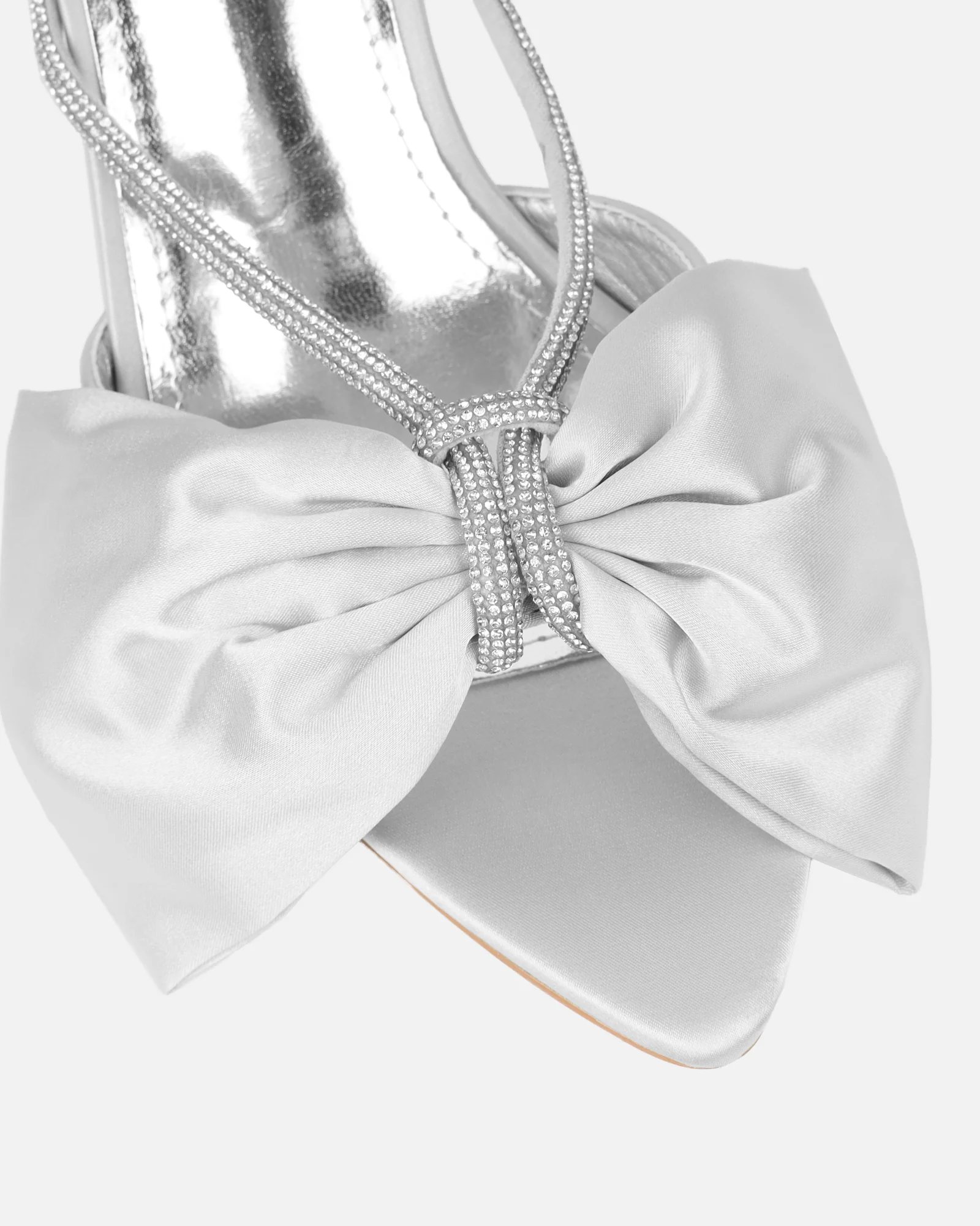 Chayaa Silver Satin Diamante Bow Low Heeled Sandals - Image 4