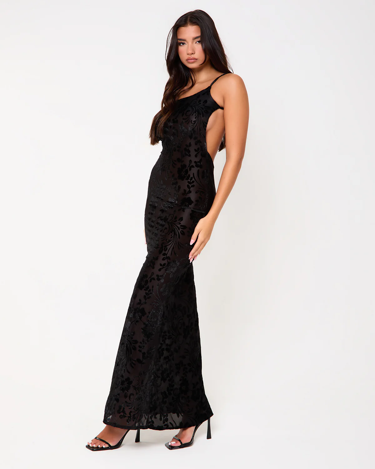 Chelsea Black Devore Backless Maxi Dress - Image 3