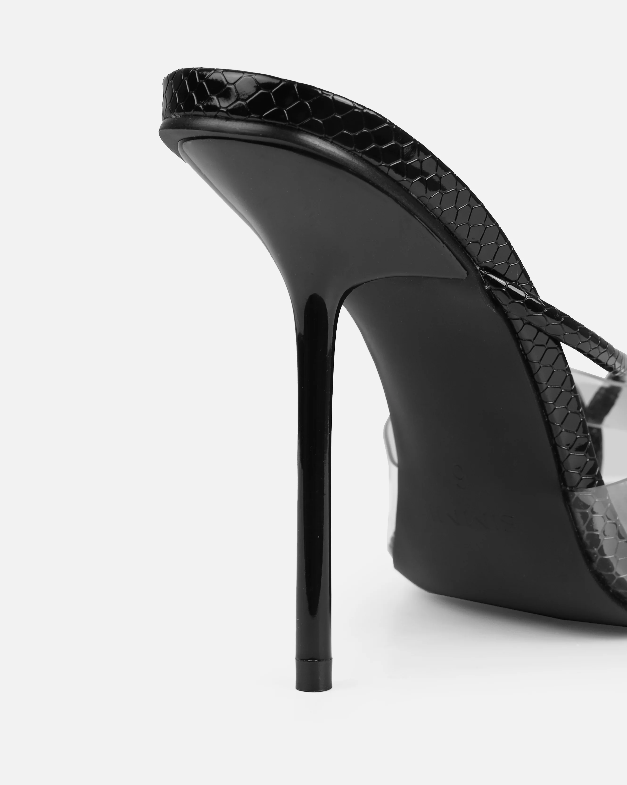 Chita Black Faux Snake Print Clear Toe Thong Mules - Image 3