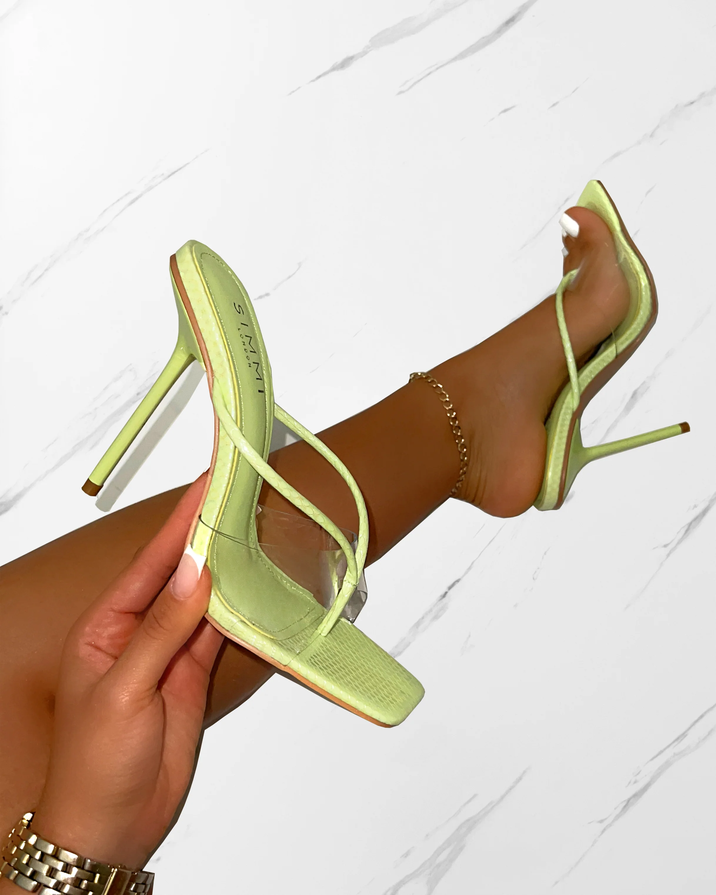 Chita Green Faux Snake Print Clear Toe Thong Mules