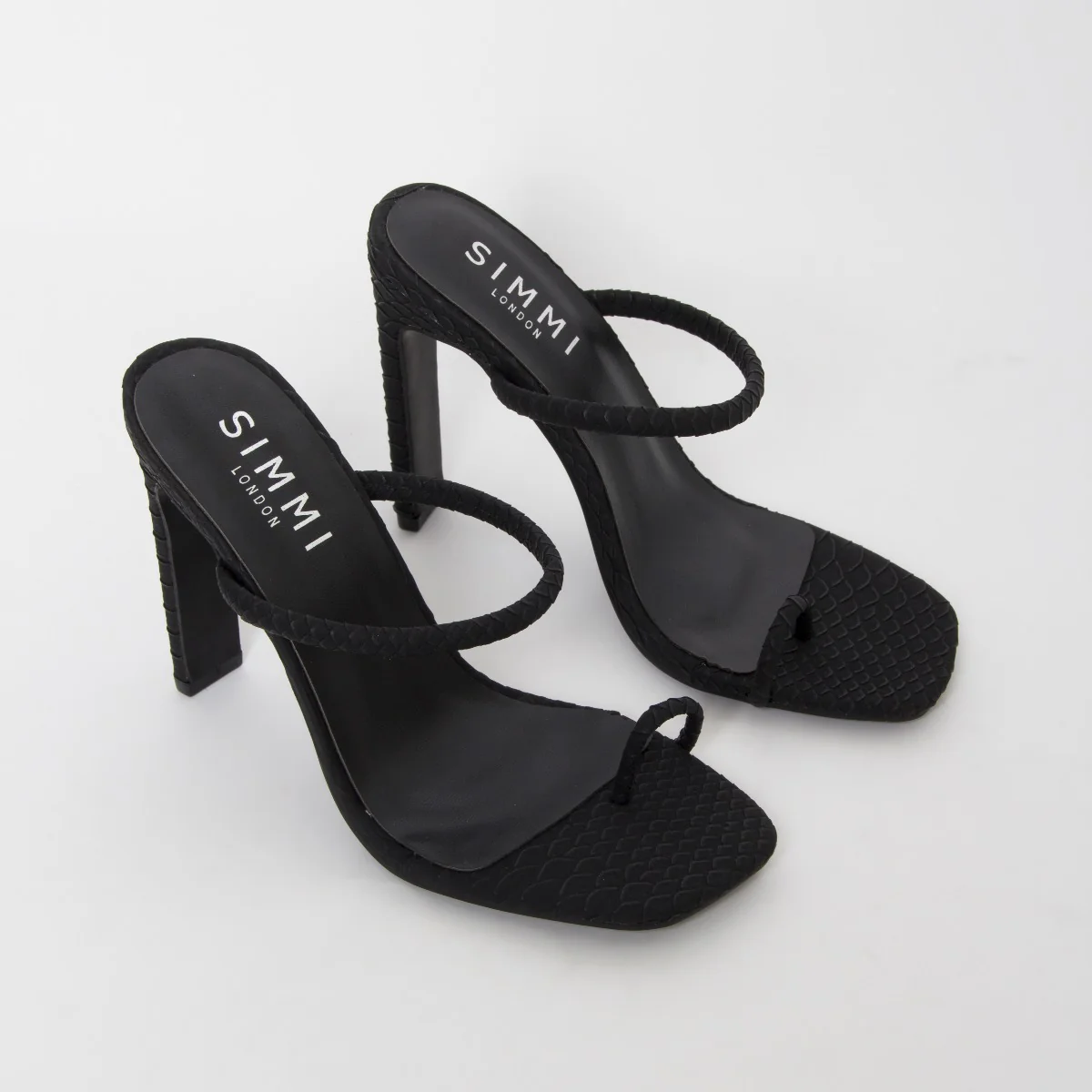 Cyan Black Snake Toe Loop Slim Block Heels - Image 4