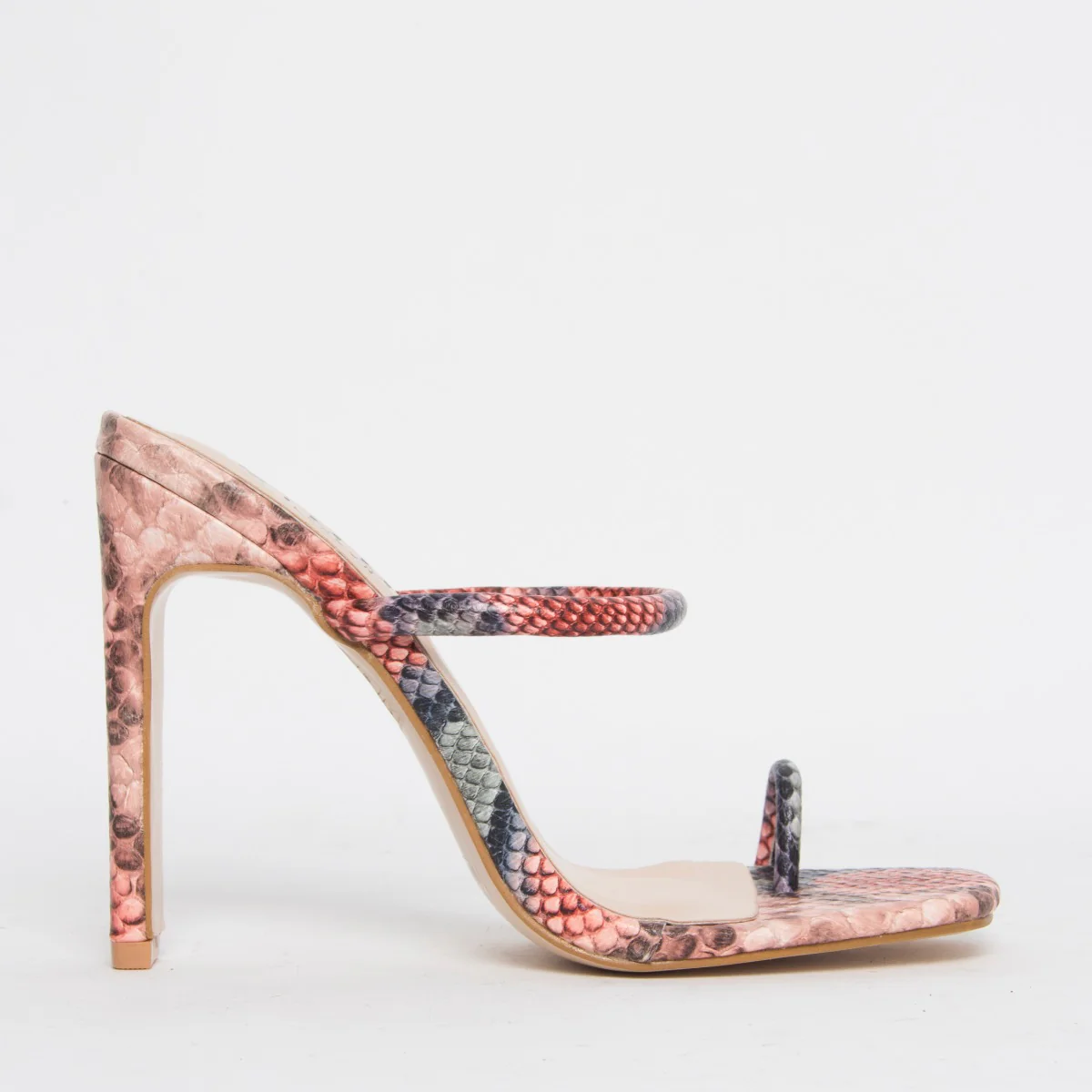 Cyan Pink Snake Toe Loop Slim Block Heels