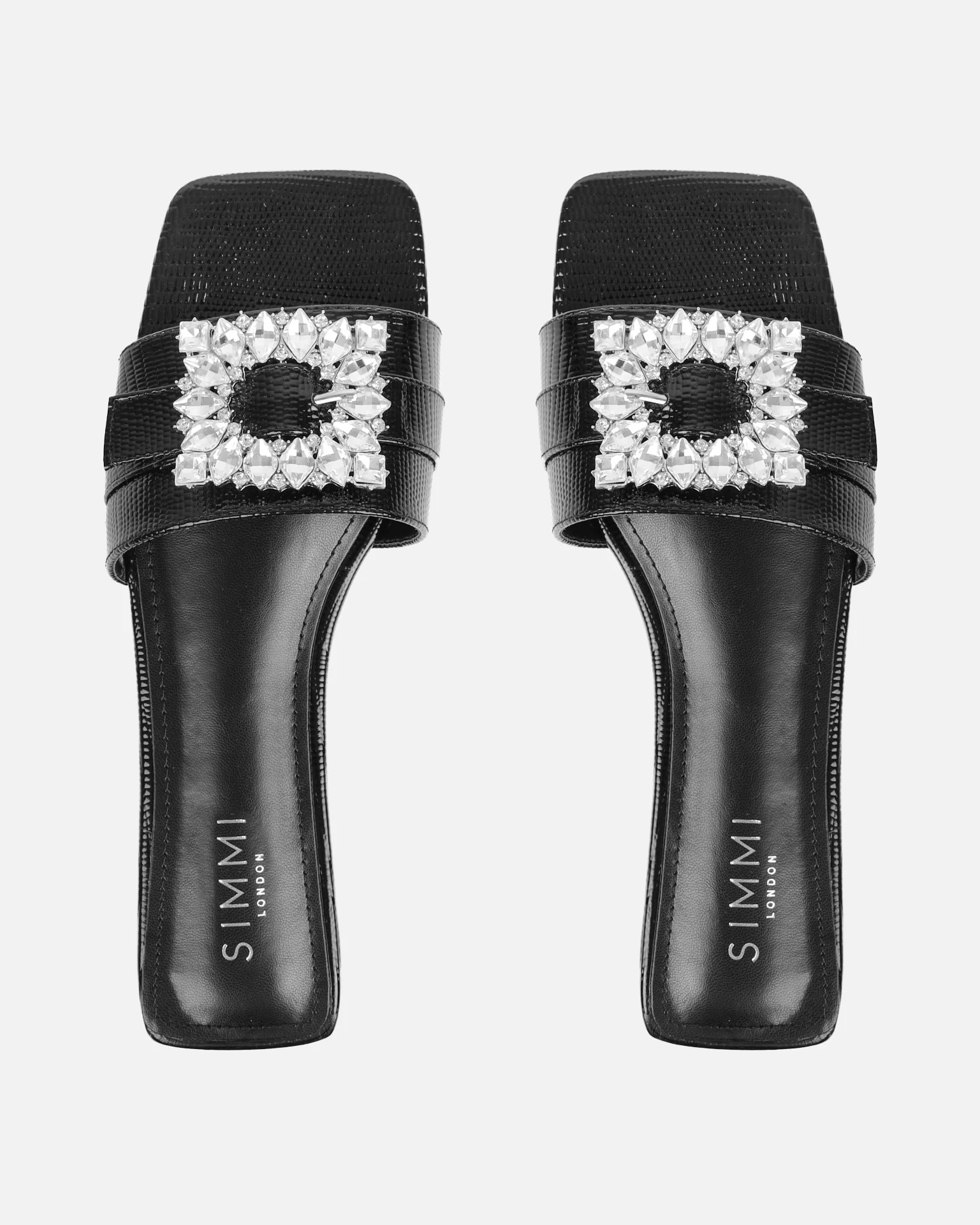 Cyra Black Faux Lizard Effect Diamante Flat Sandals - Image 3