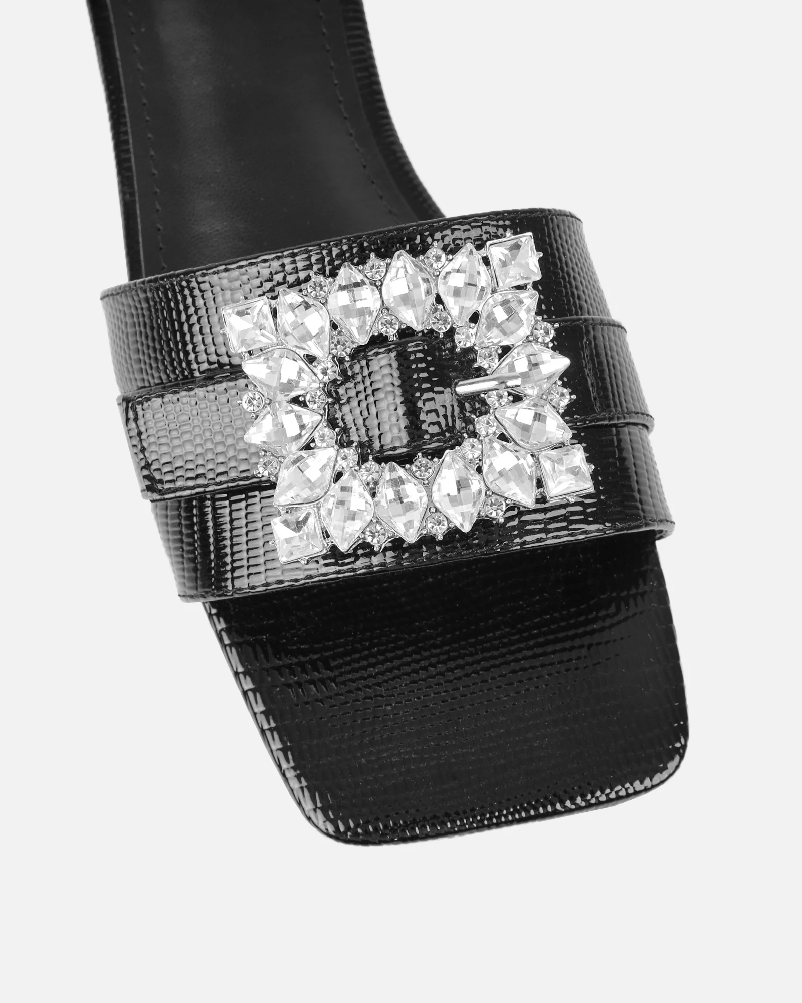 Cyra Black Faux Lizard Effect Diamante Flat Sandals - Image 4