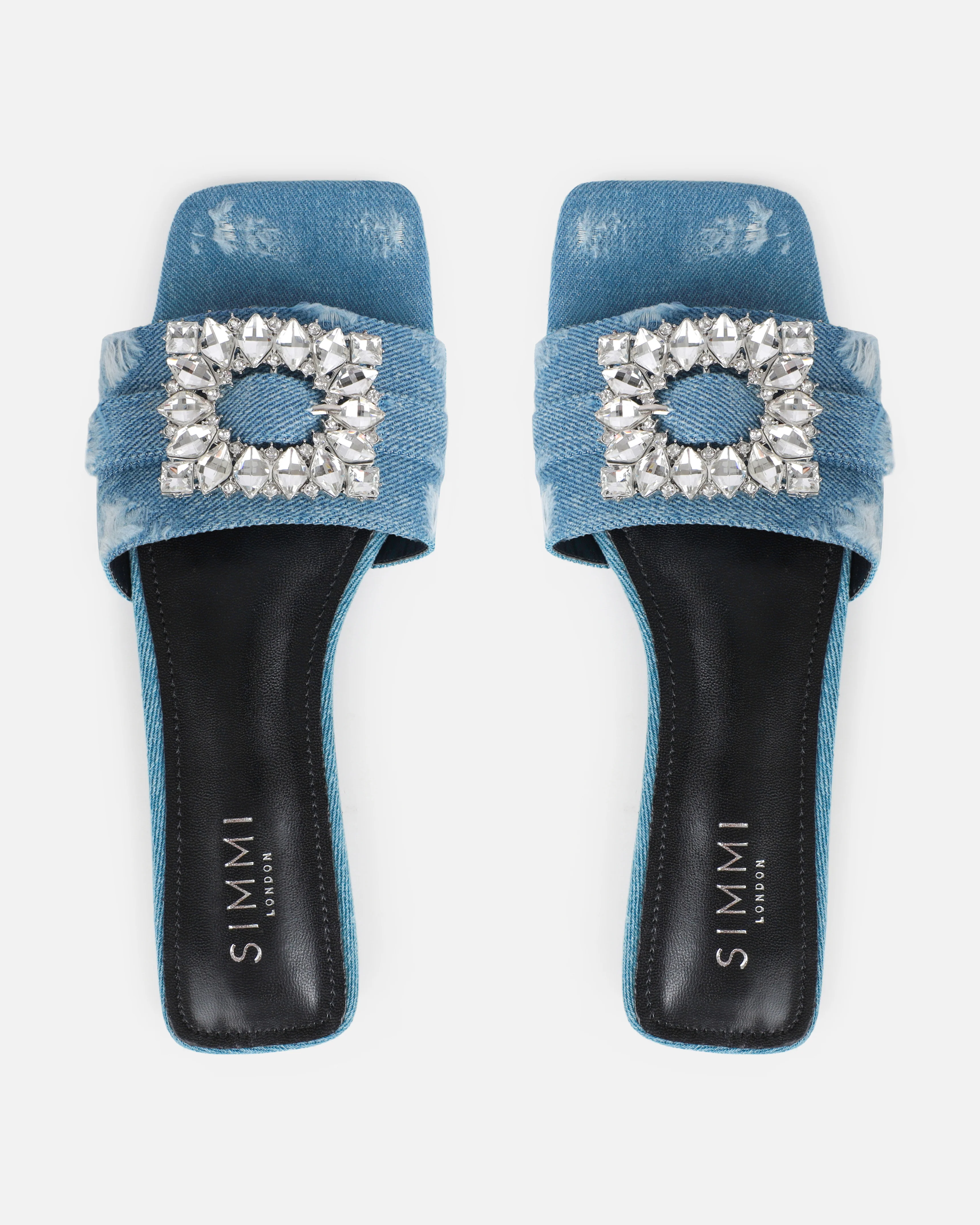 Cyra Blue Denim Diamante Flat Sandals - Image 3