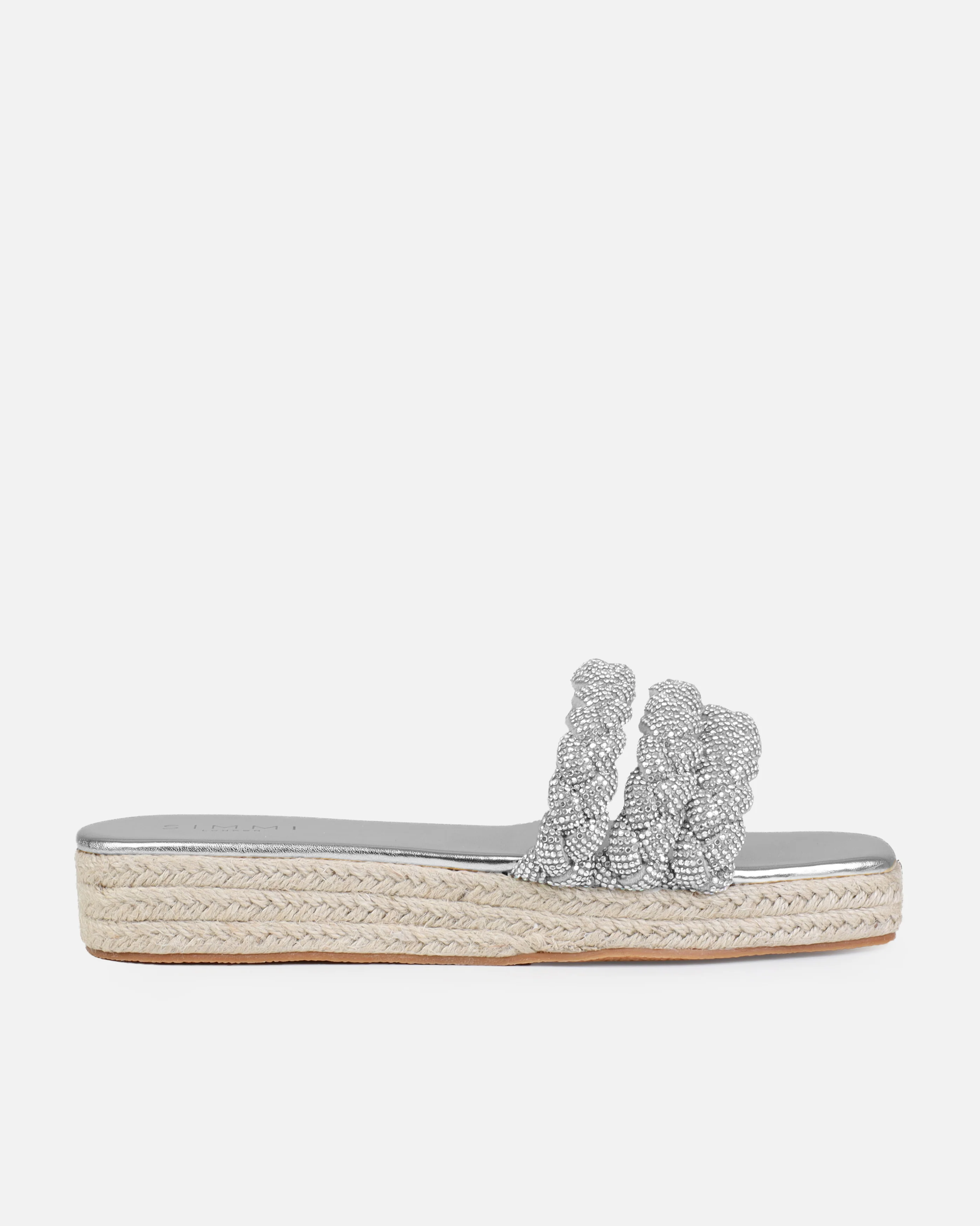 Darcie Silver Diamante Espadrille Flatform Slides - Image 2