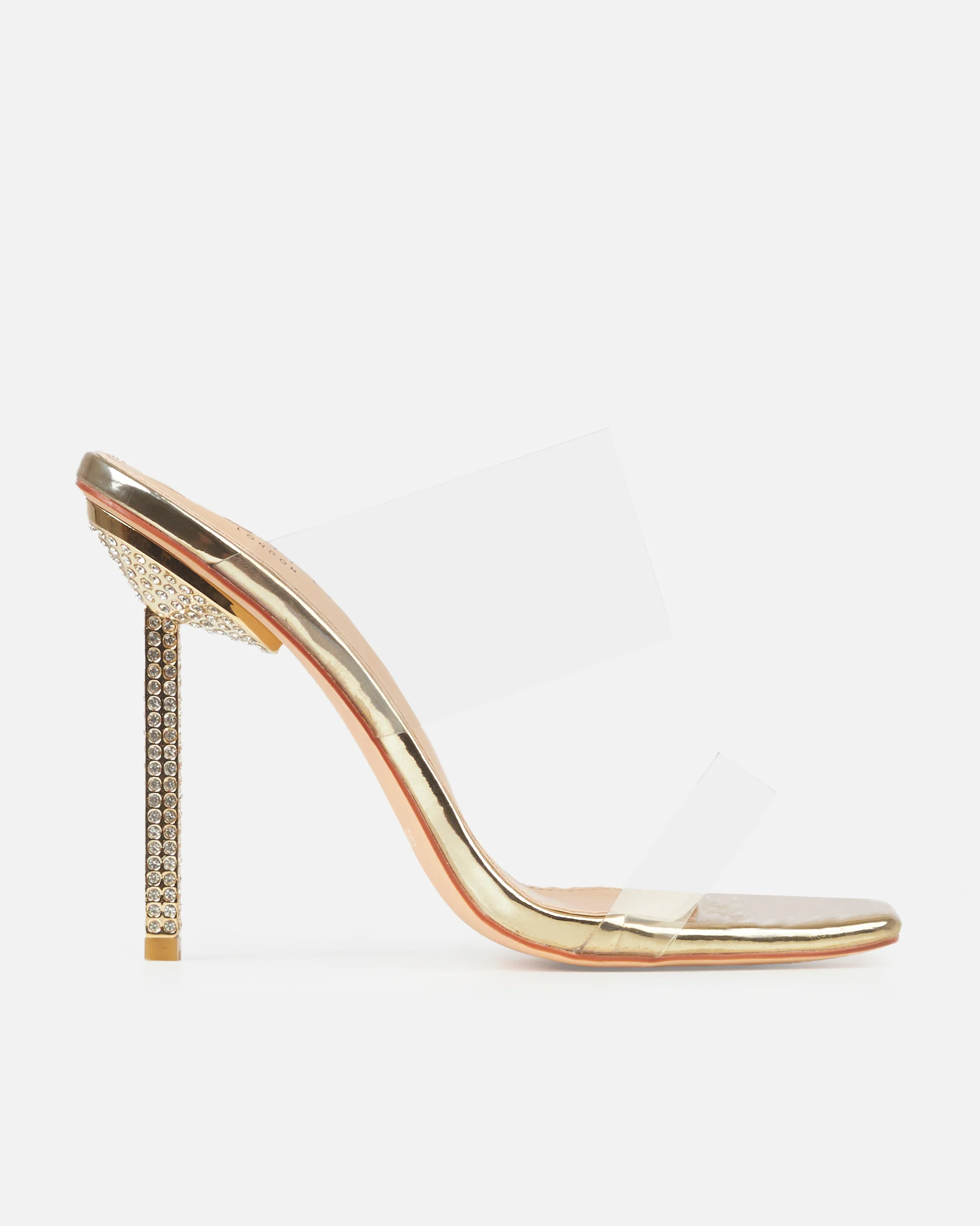 Deja Wide Gold Clear Strappy Diamante Heeled Mules - Image 2