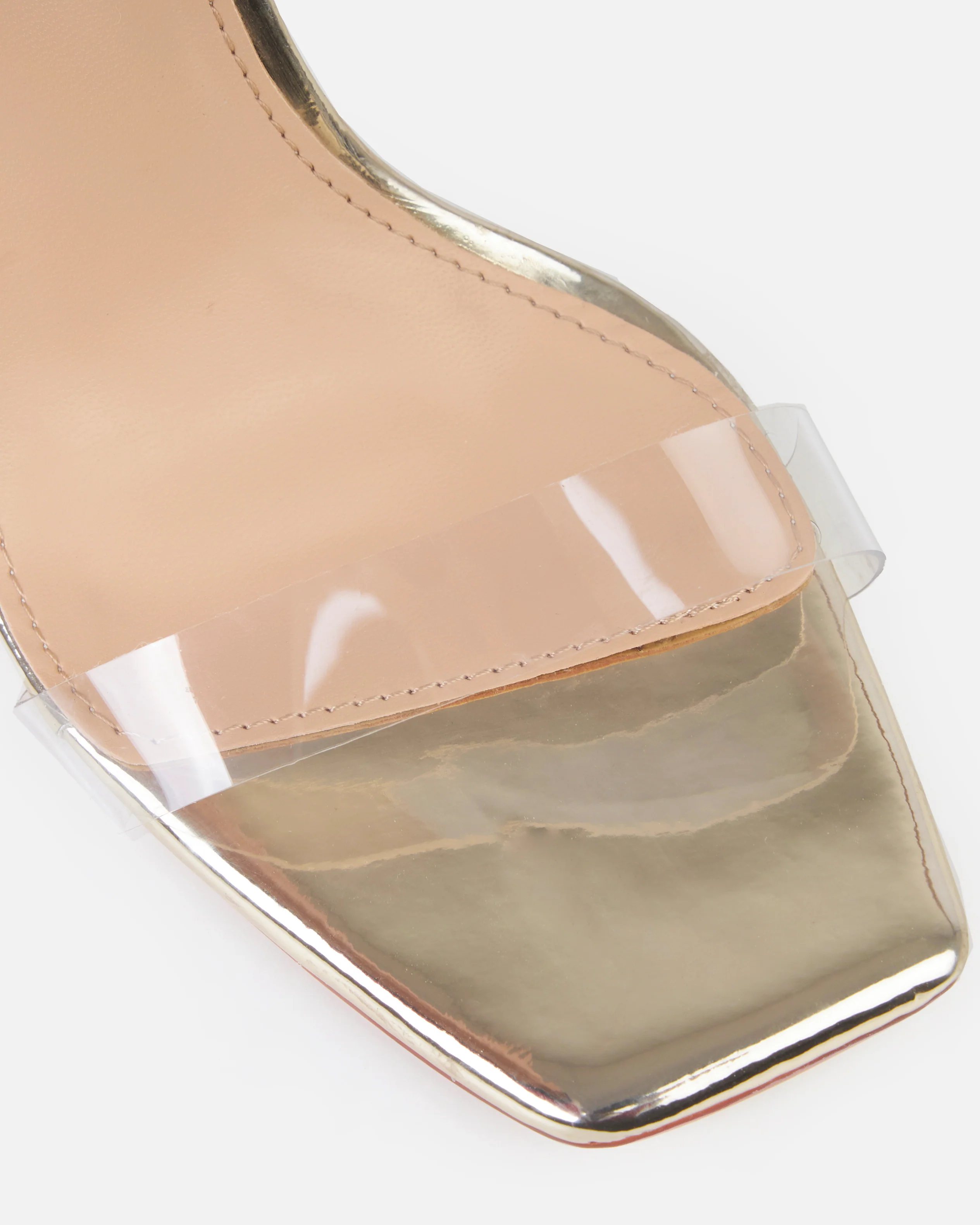 Deja Wide Gold Clear Strappy Diamante Heeled Mules - Image 4