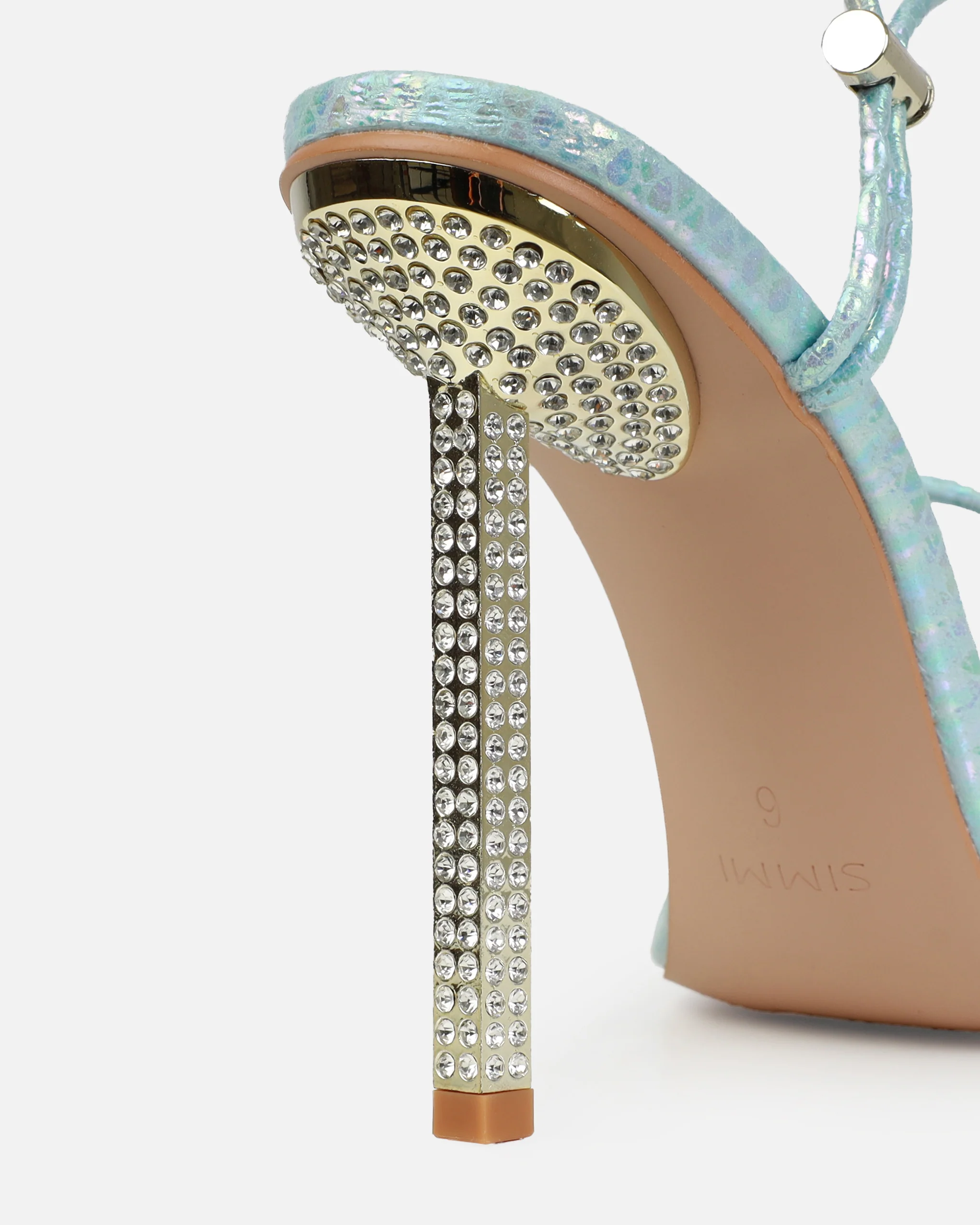 Dejii Blue Iridescent Faux Snake Print Diamante Heels - Image 3