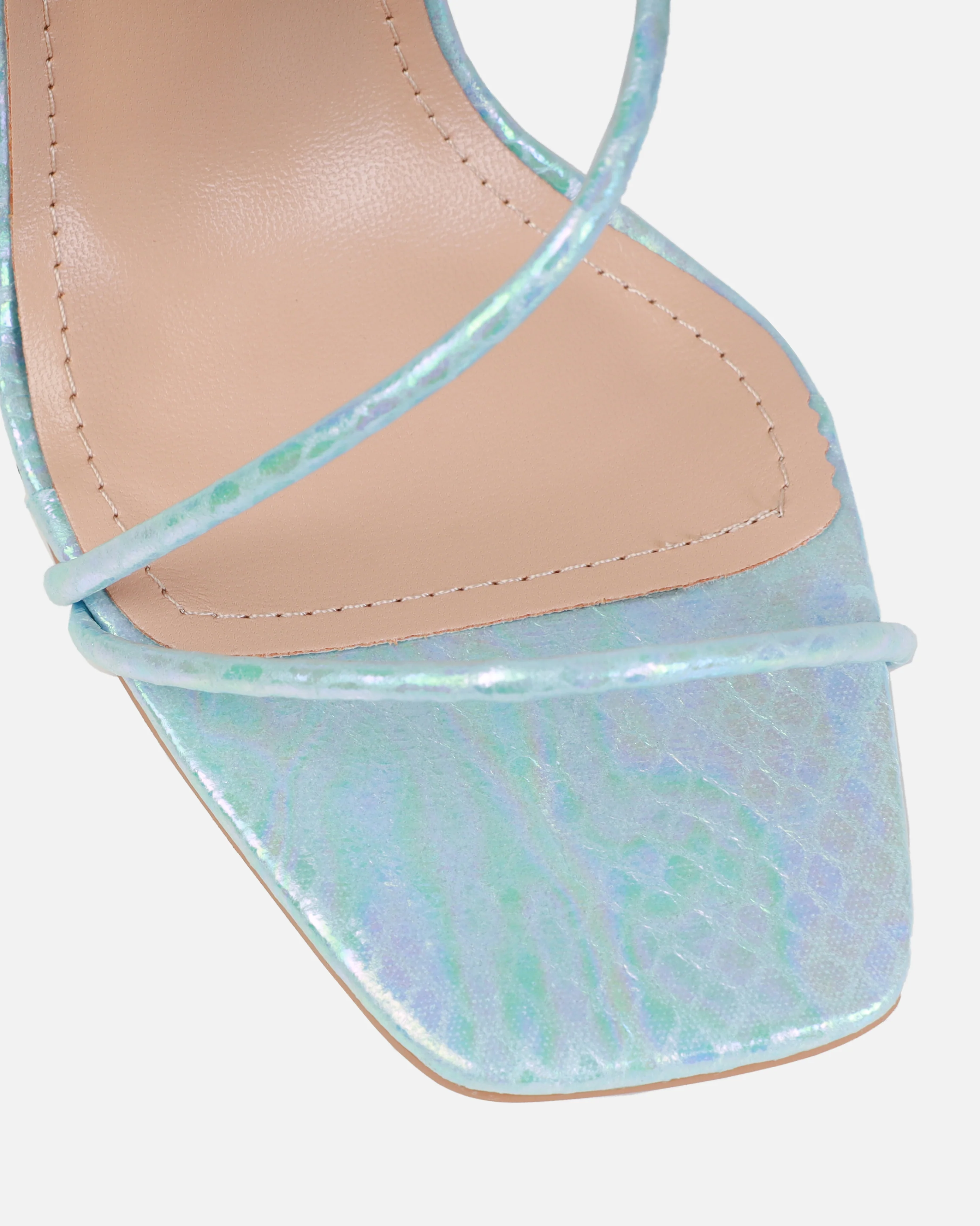 Dejii Blue Iridescent Faux Snake Print Diamante Heels - Image 4