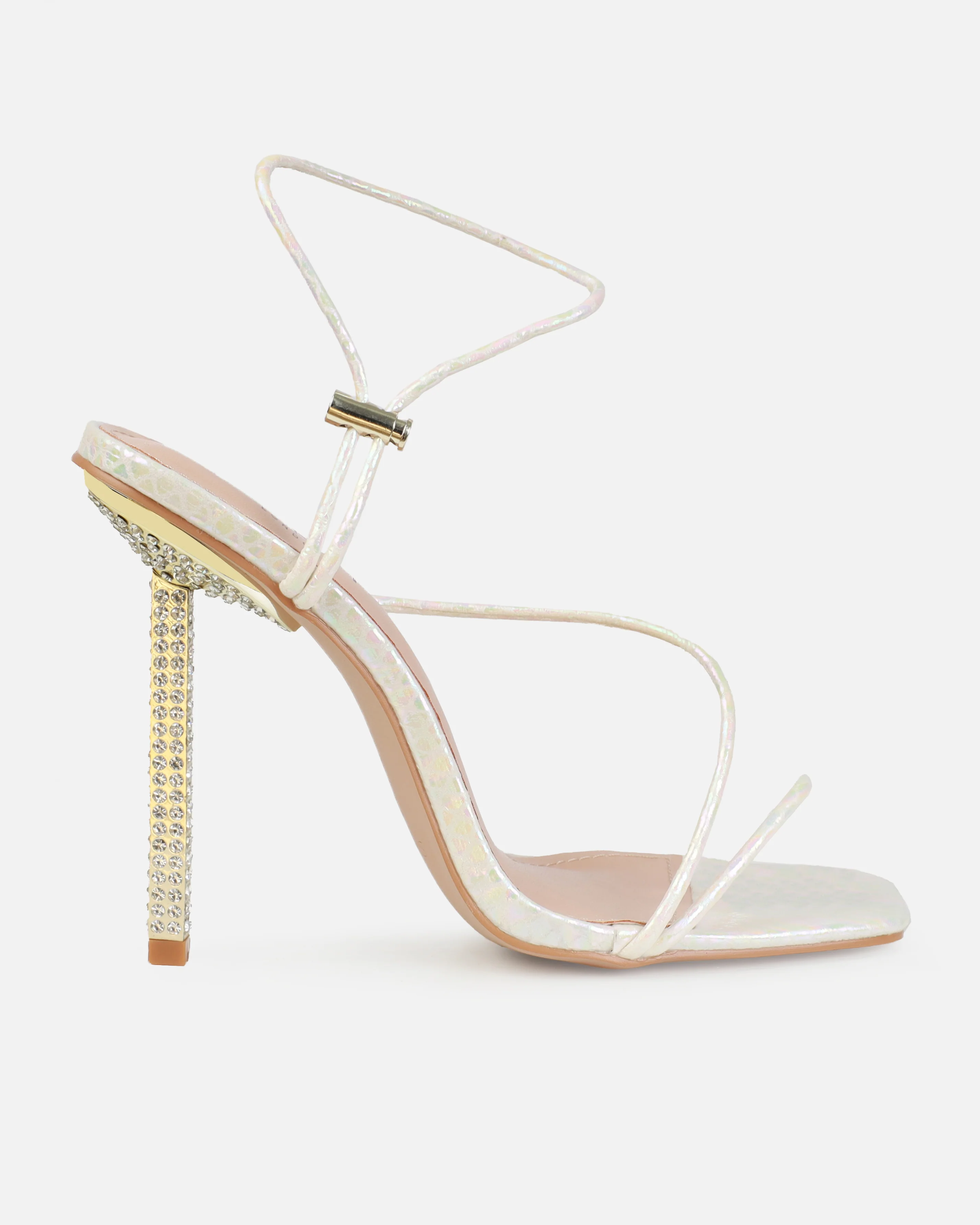 Dejii White Iridescent Faux Snake Print Diamante Heels - Image 2