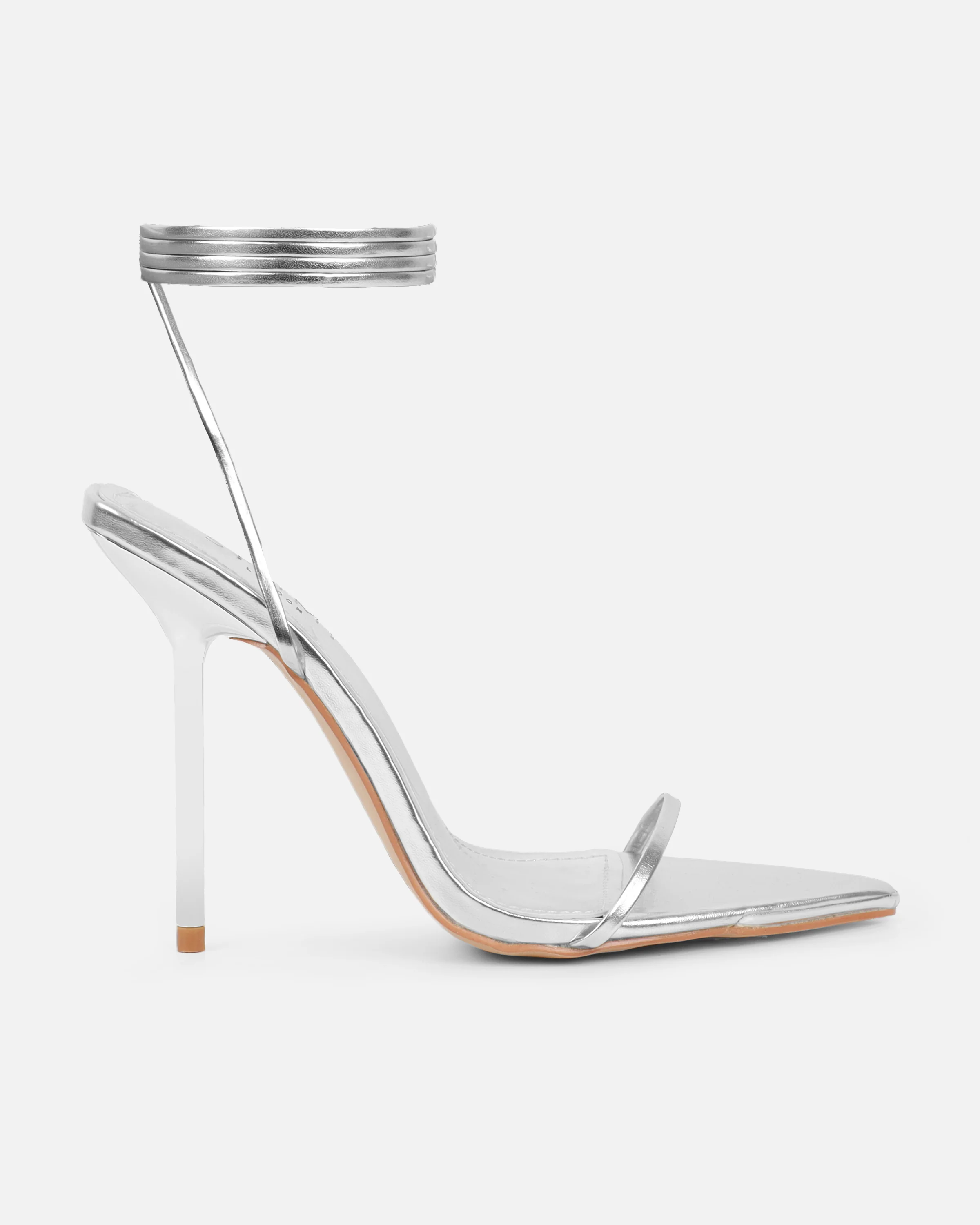 Delilahh Silver Metallic Tie Up Stiletto Sandals - Image 2