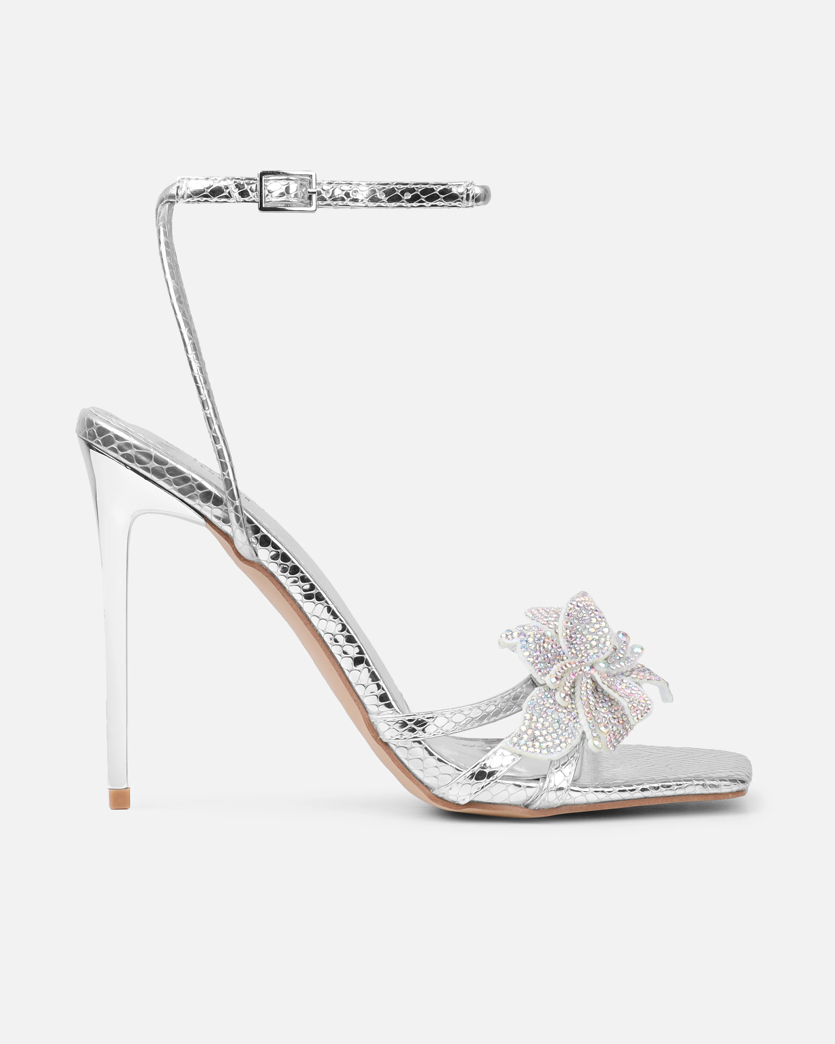Delores Silver Mirror Snake Flower Heeled Sandals - Image 2