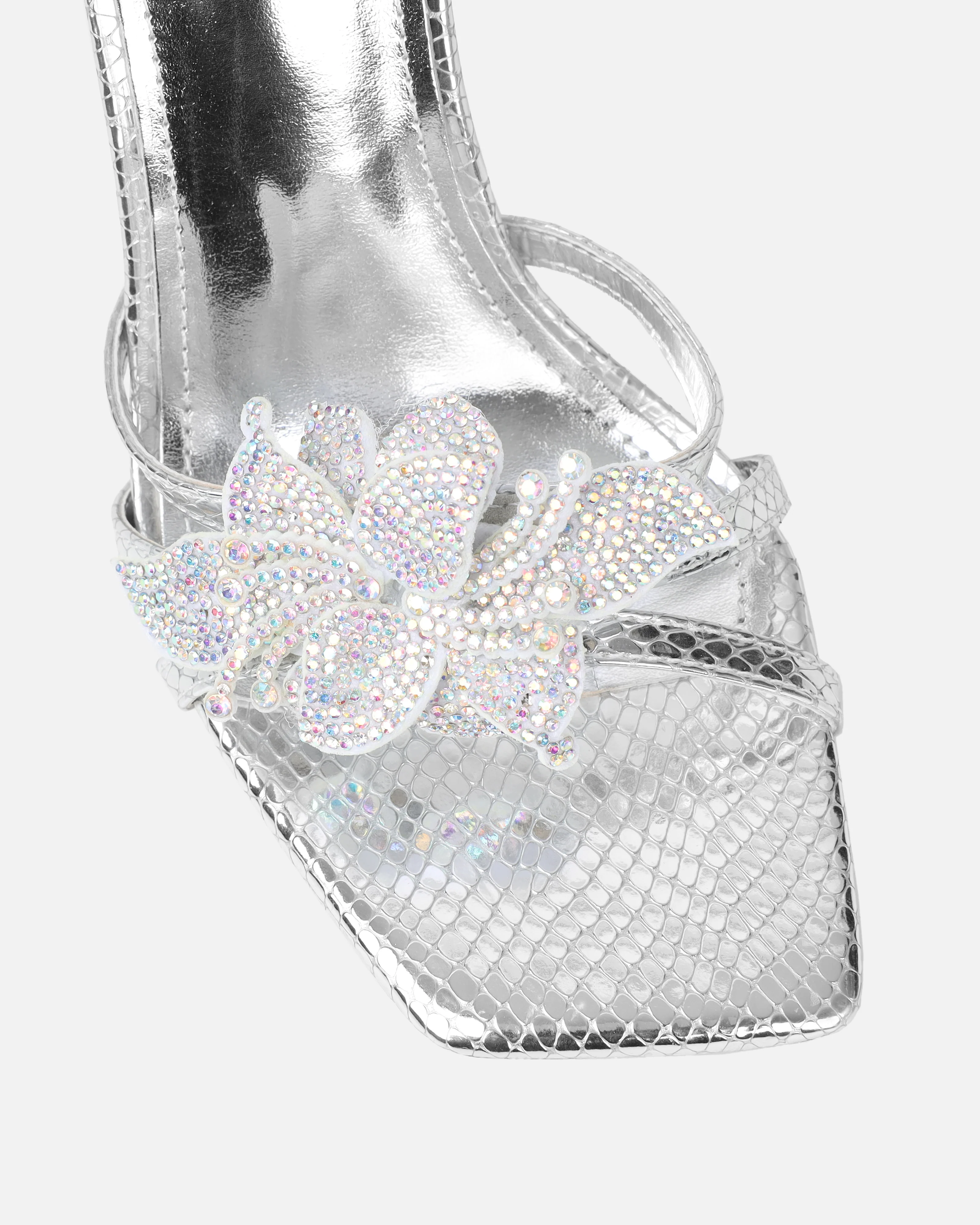Delores Silver Mirror Snake Flower Heeled Sandals - Image 4