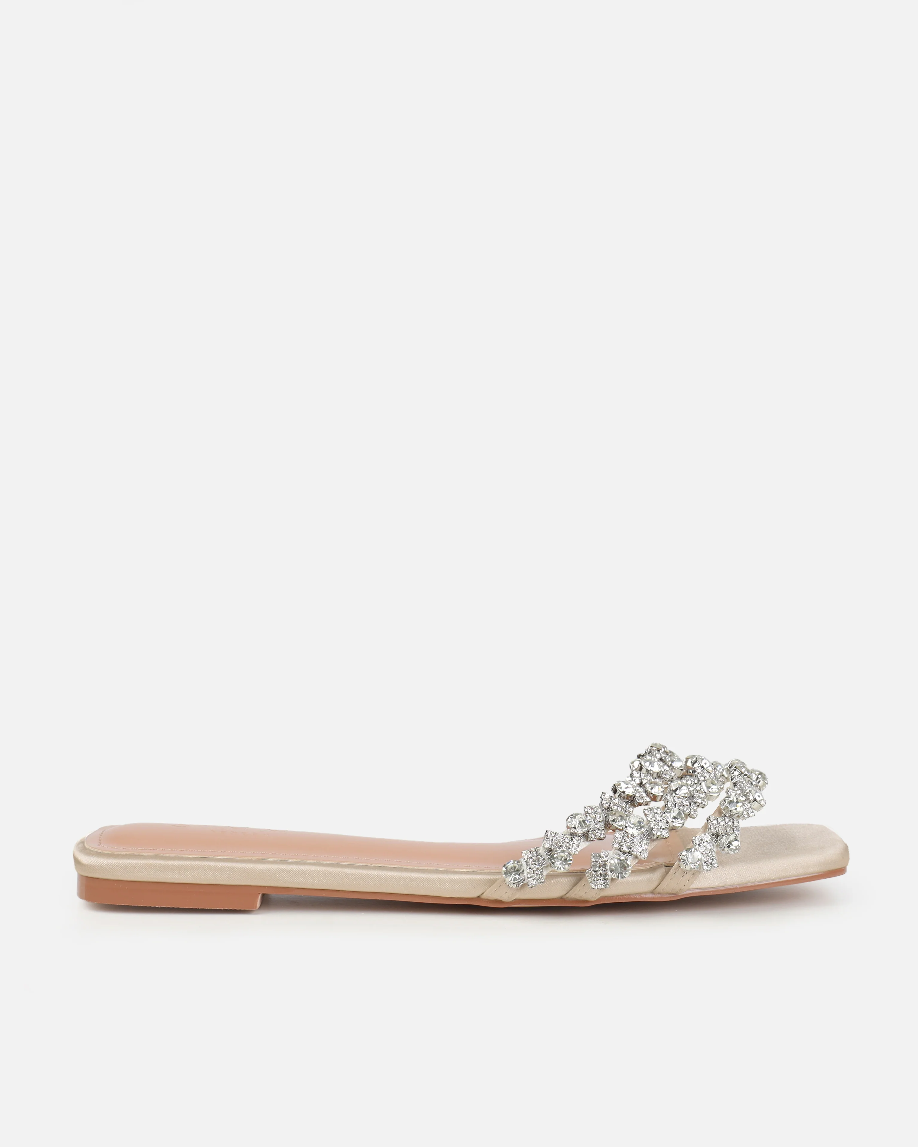 Dionne Crowe Hitched Champagne Satin Diamante Flat Sandals - Image 2