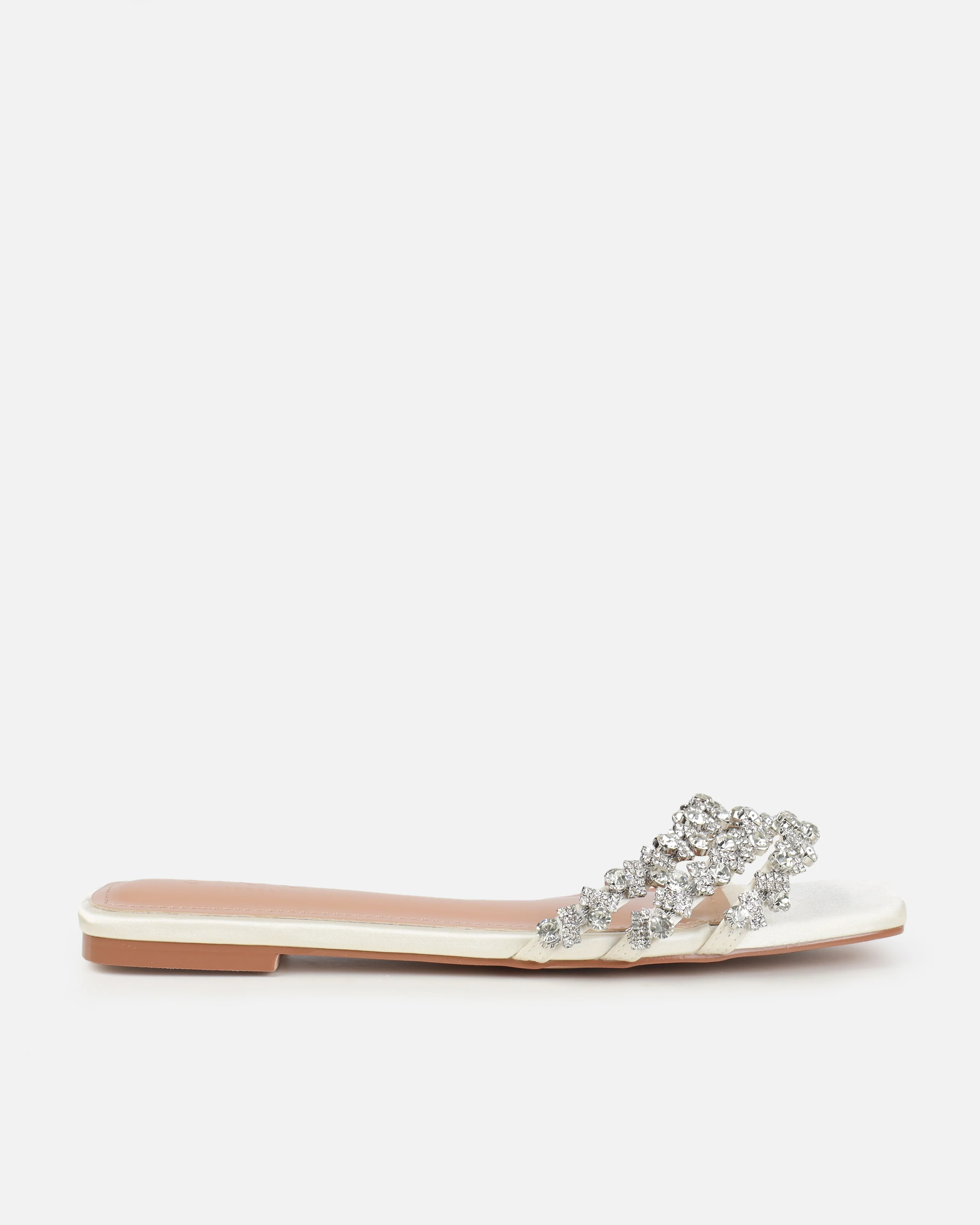 Dionne Crowe Hitched Ivory Satin Diamante Flat Sandals - Image 2