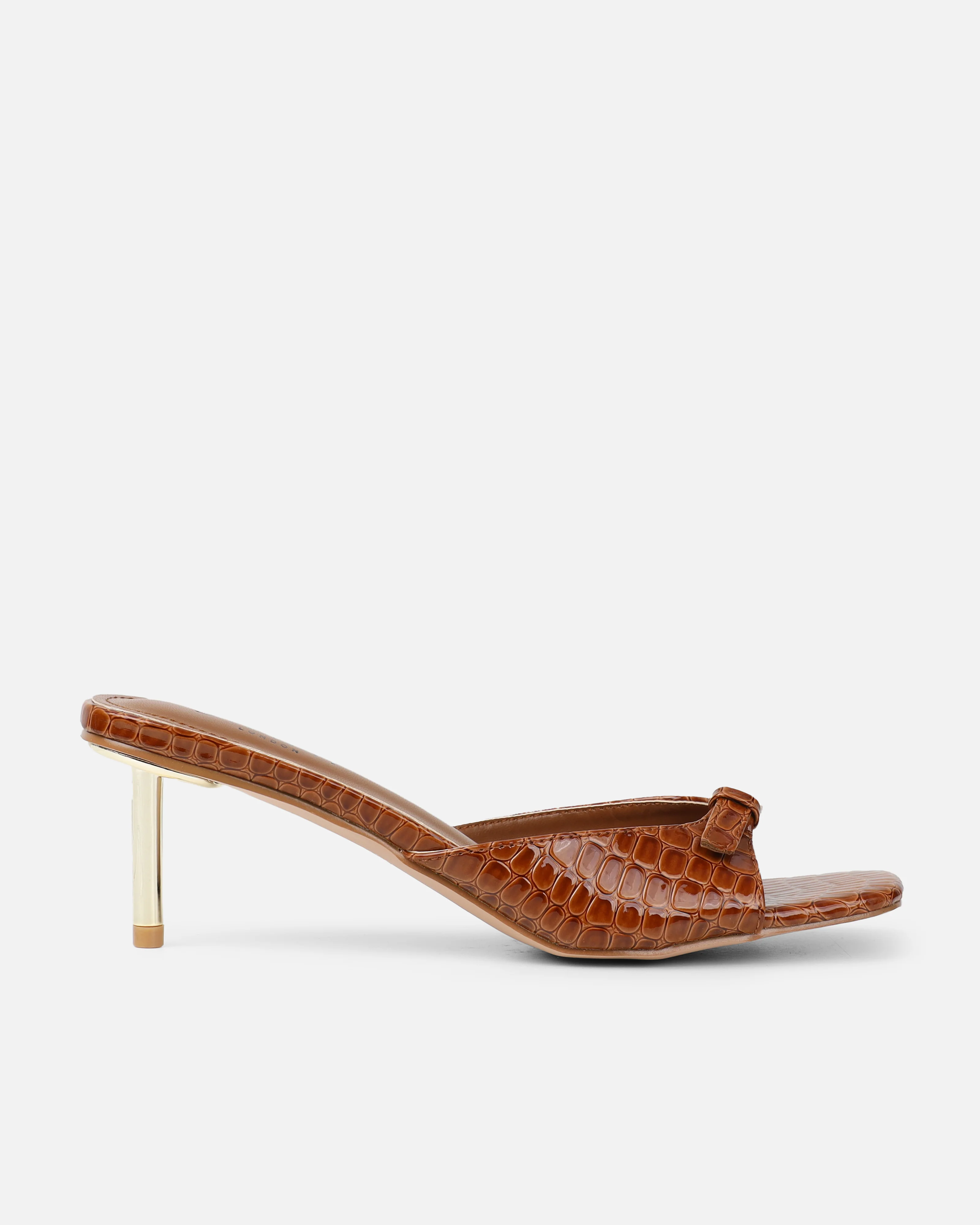 Dotty Tan Croc Effect Low Heeled Mules - Image 2