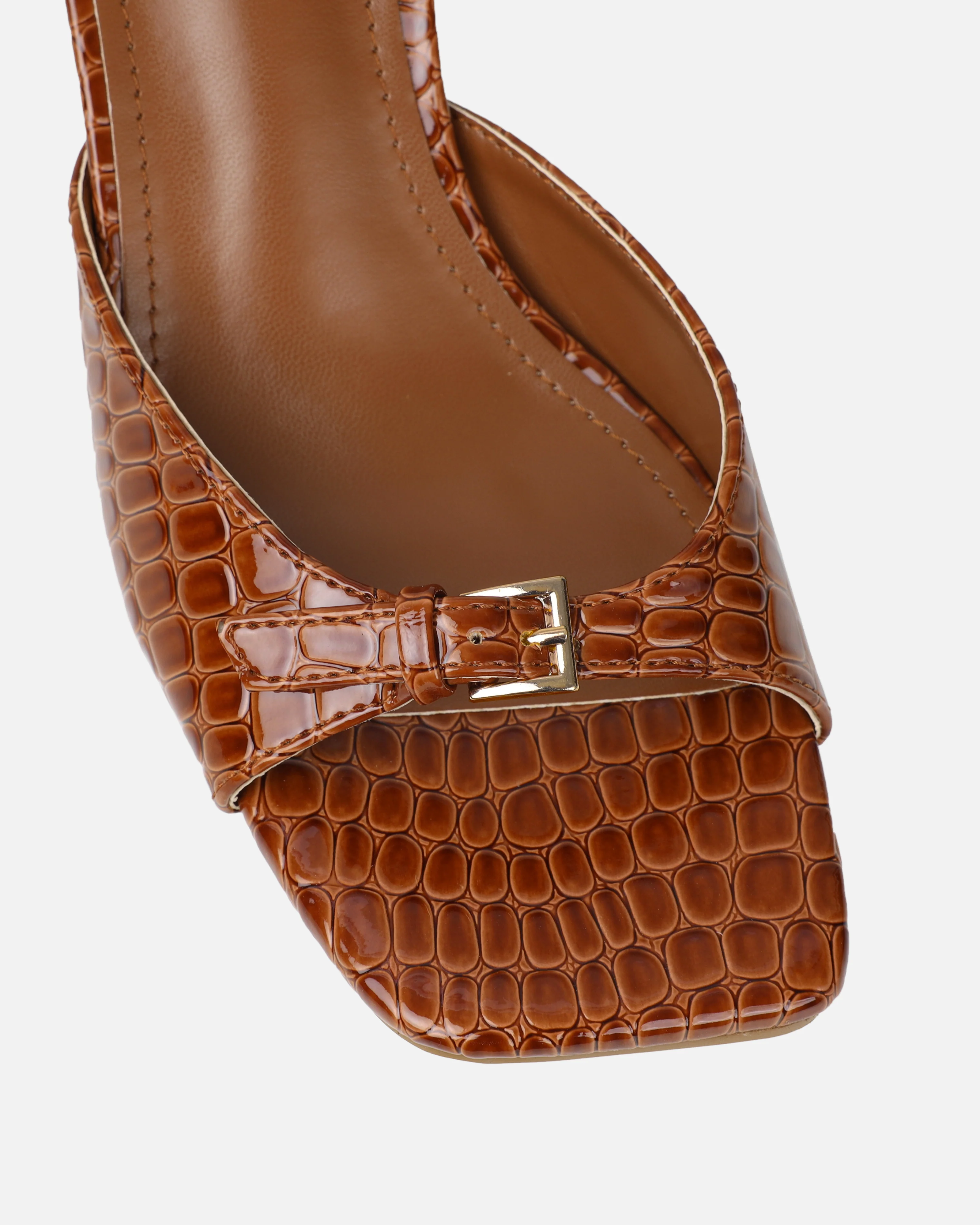 Dotty Tan Croc Effect Low Heeled Mules - Image 4