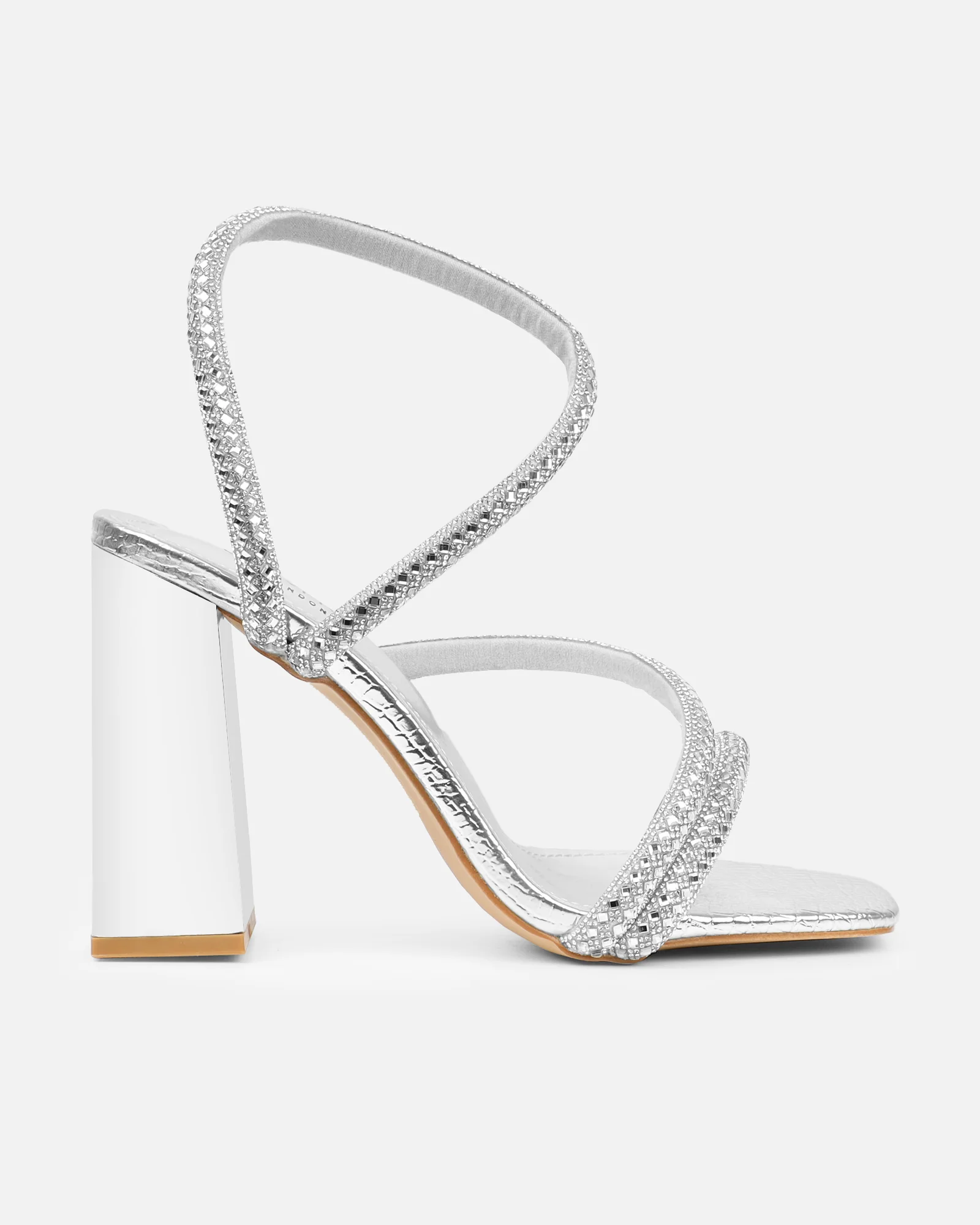 Elanaa Silver Faux Snake Effect Diamante Block Heeled Sandals - Image 2