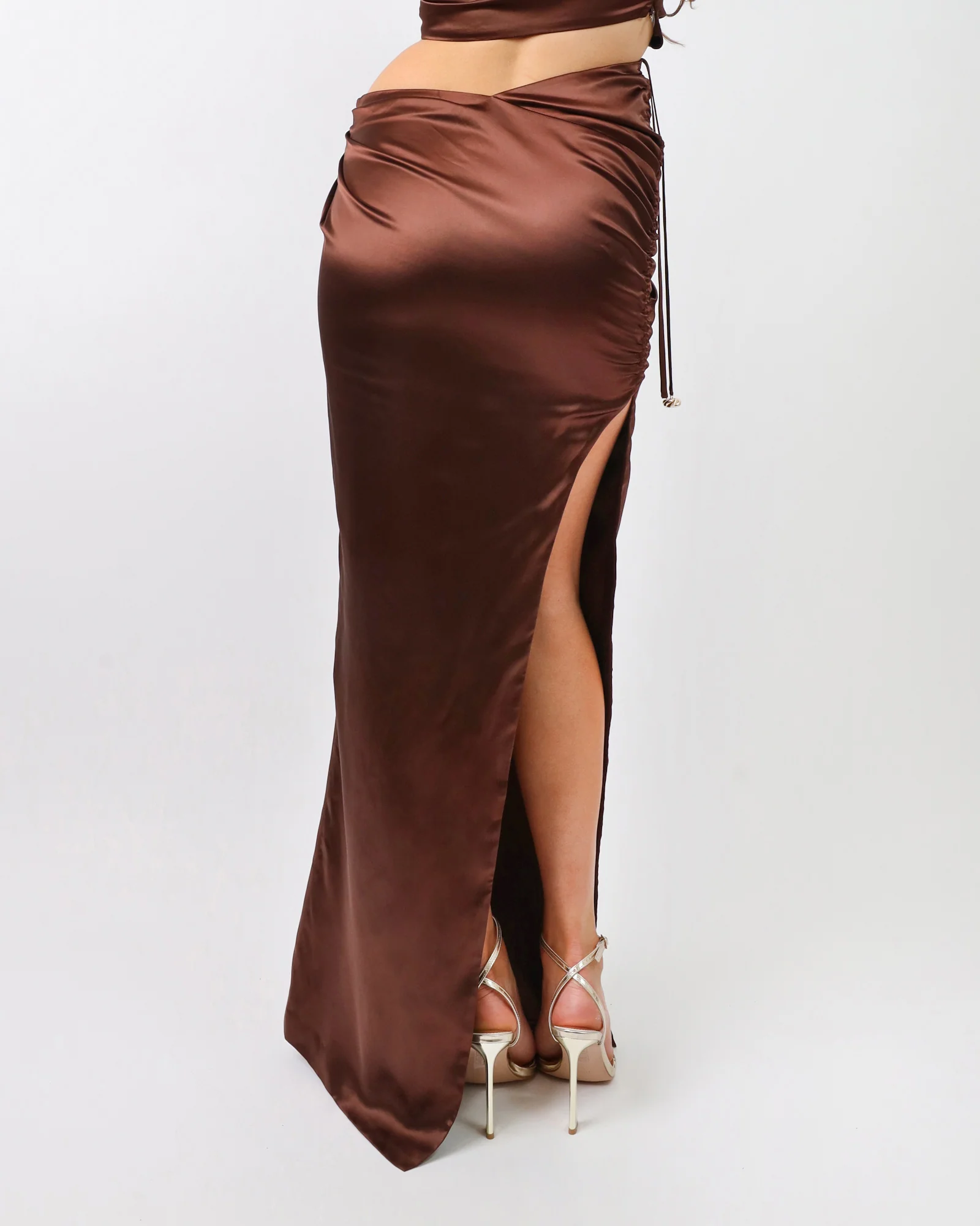 Élodie Chocolate Satin Drape Maxi Skirt - Image 2