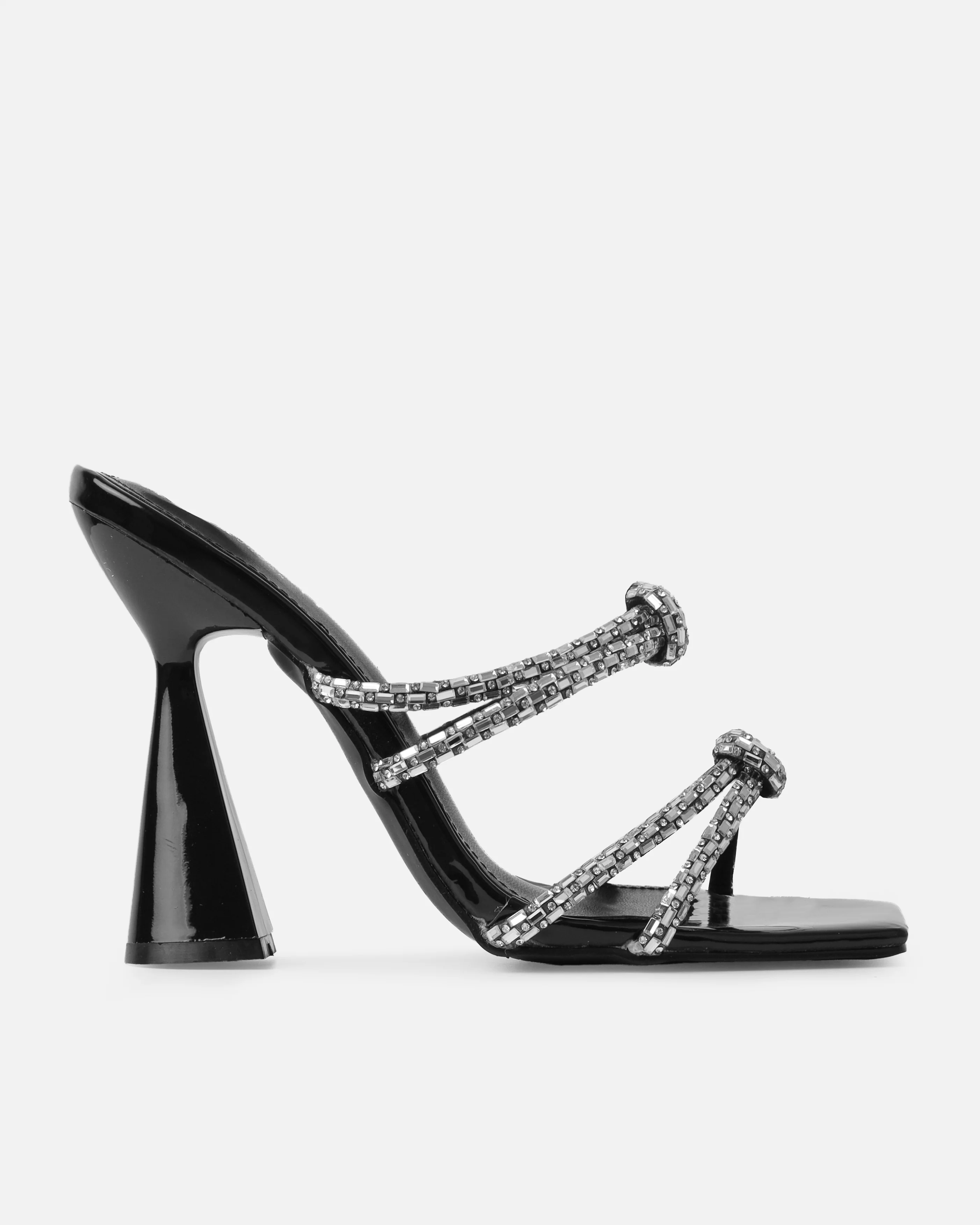 Ethelyn Black Patent Diamante Flare Heel Mules - Image 2