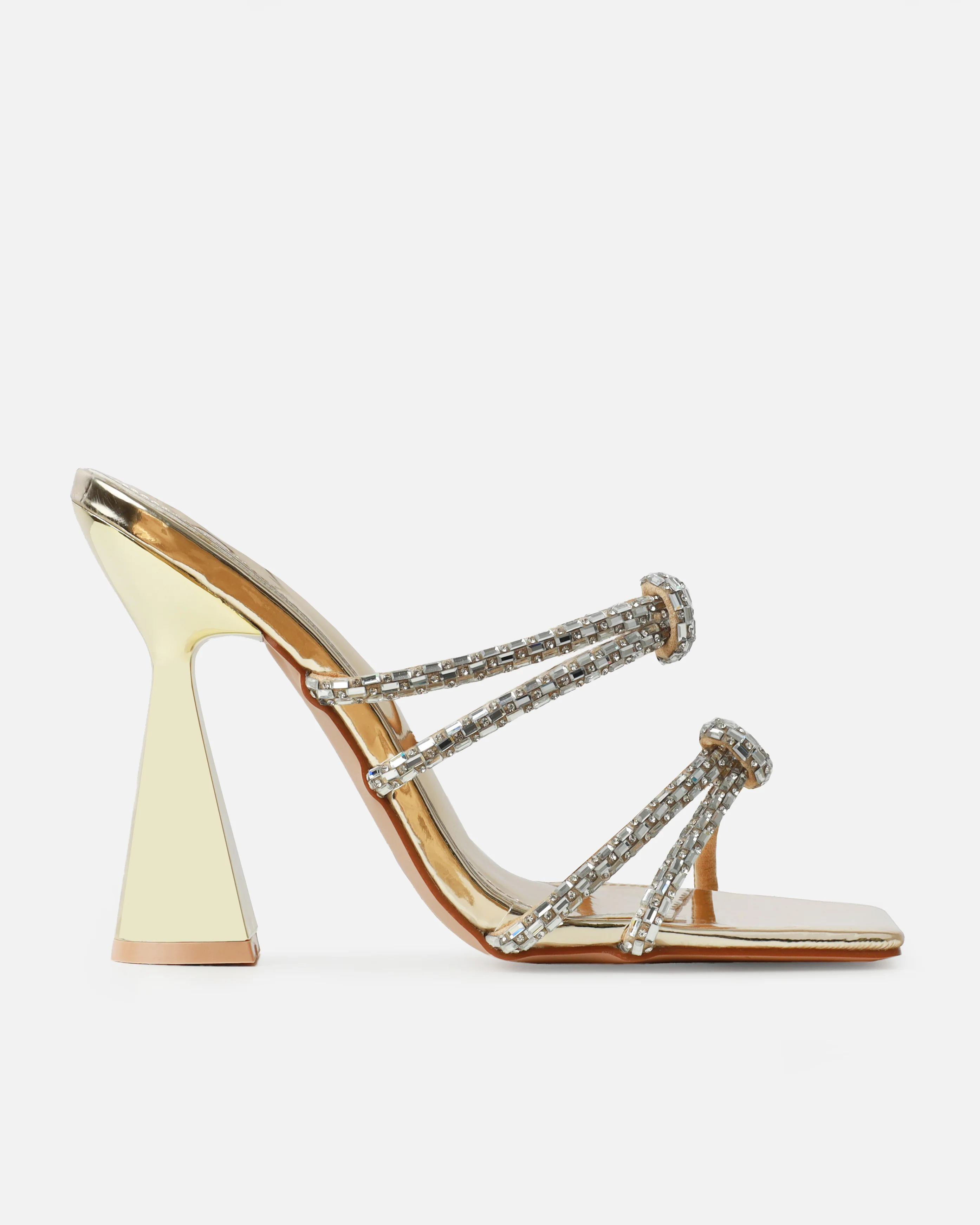 Ethelyn Gold Mirror Diamante Flare Heel Mules - Image 2