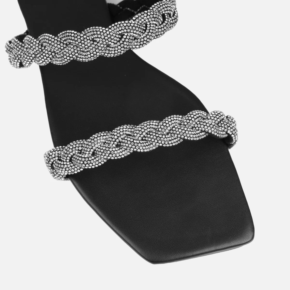 Fayay Wide Fit Black Diamante Plait Flat Slides - Image 3