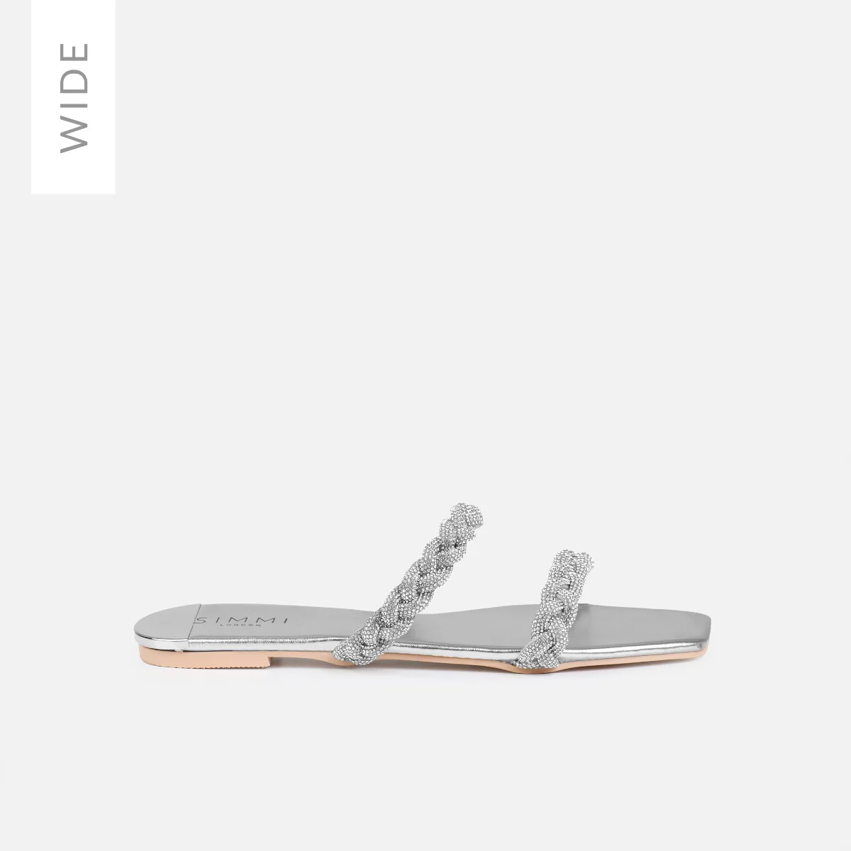 Fayay Wide Fit Silver Diamante Plait Flat Slides - Image 4