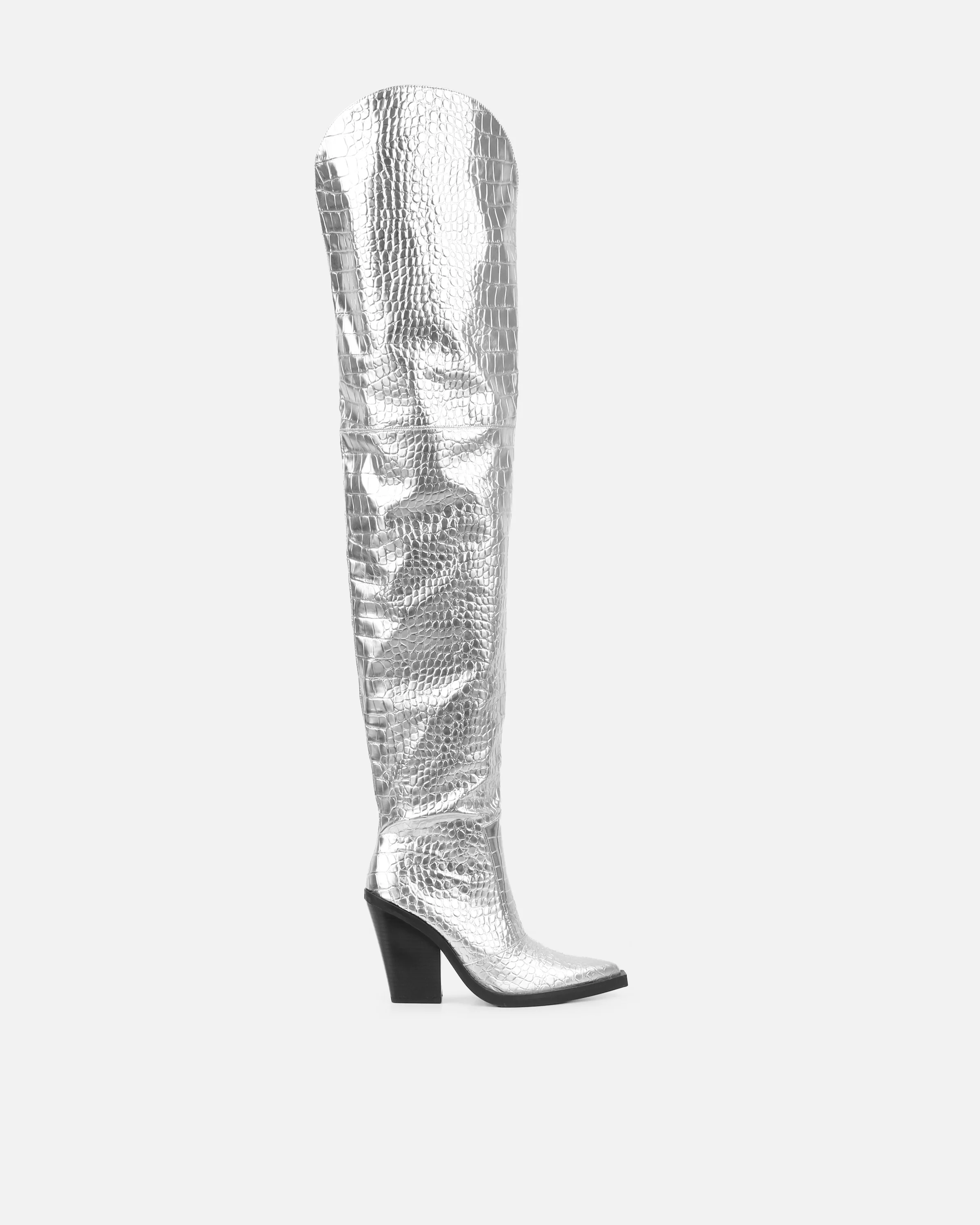 Gianni Silver Metallic Faux Croc Thigh High Western Boots - Image 2