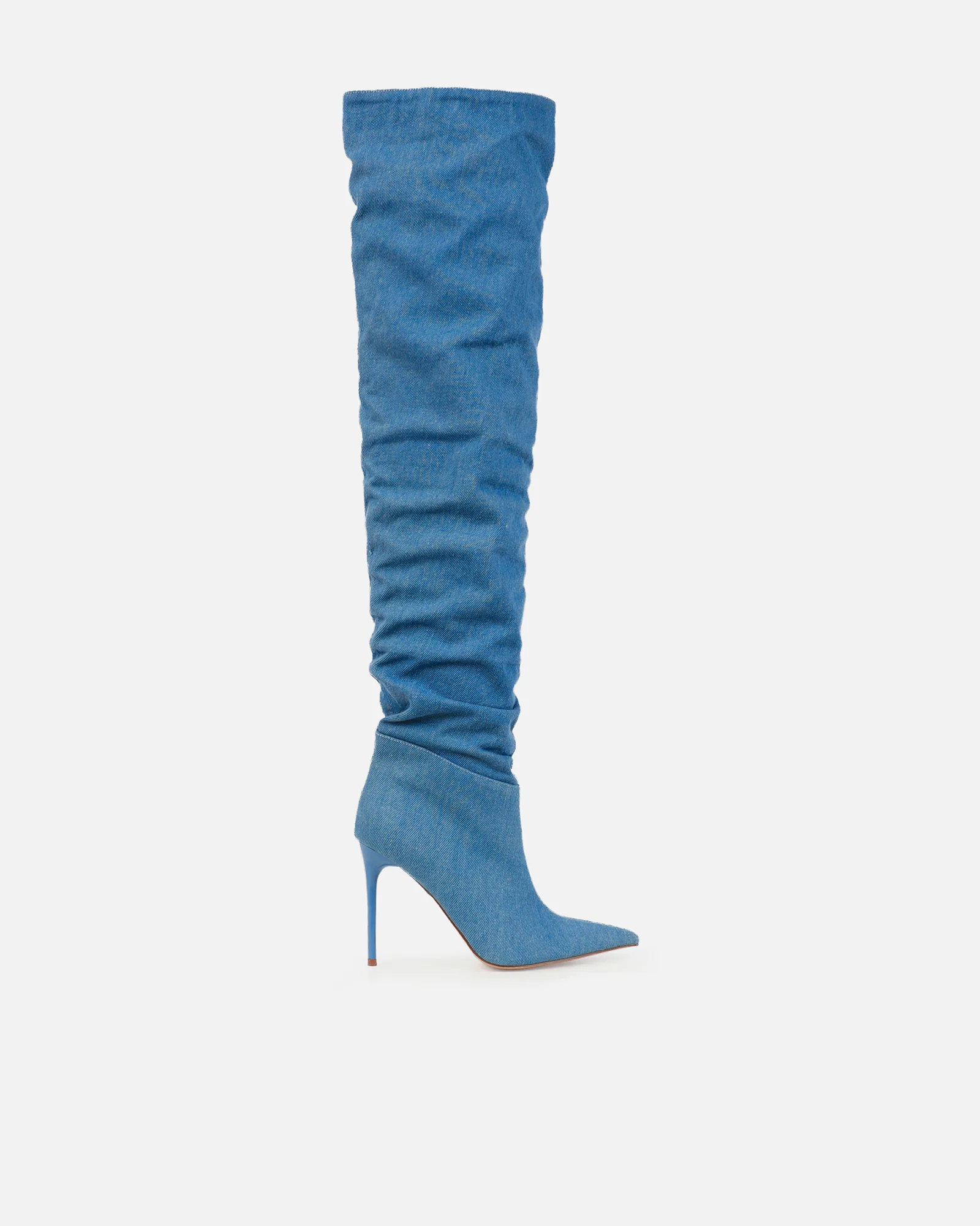 Gilton Blue Denim Faux Suede Ruched Over The Knee Thigh High Boots - Image 2