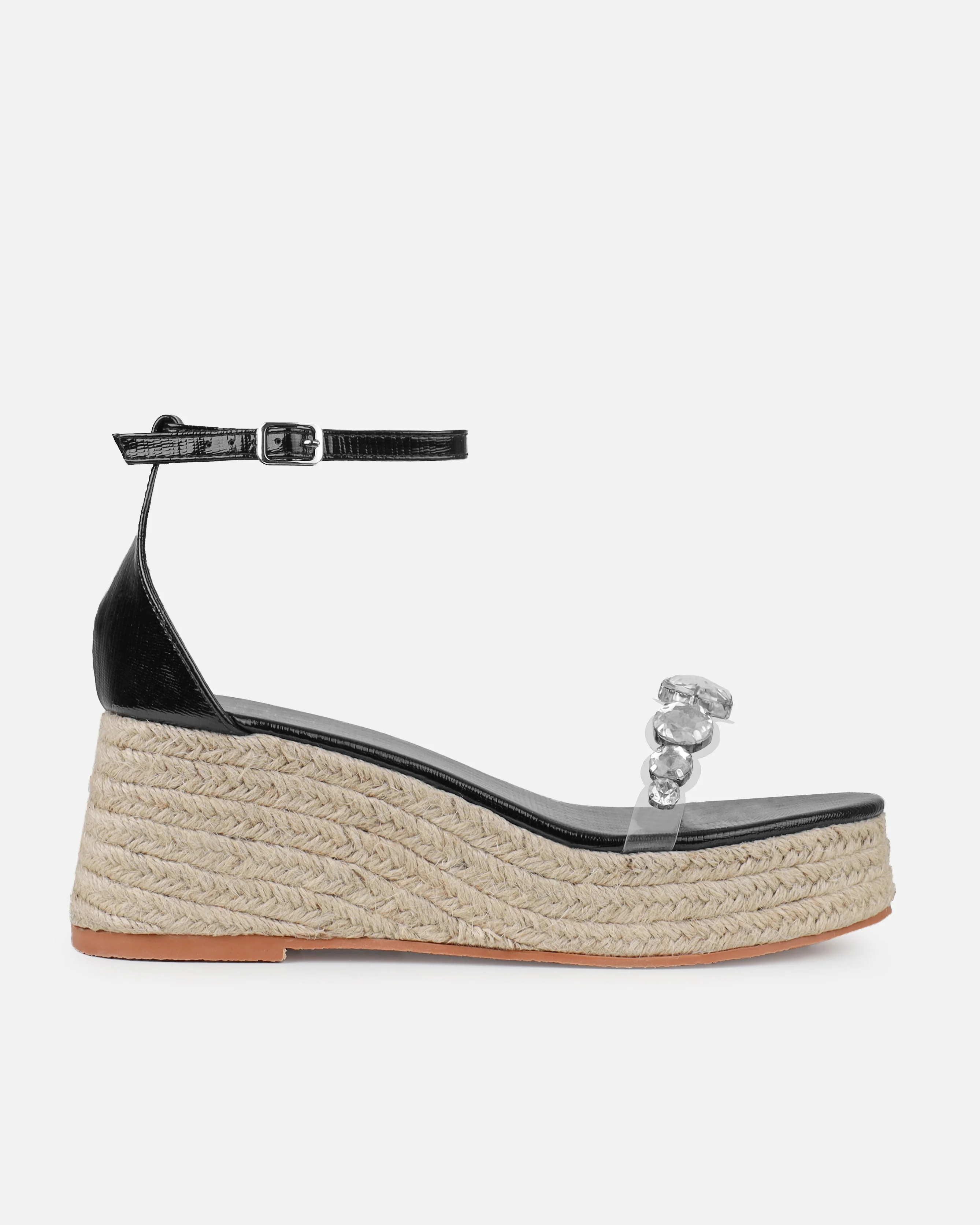 Ginevra Black Faux Snake Print Clear Gem Espadrille Wedges - Image 2